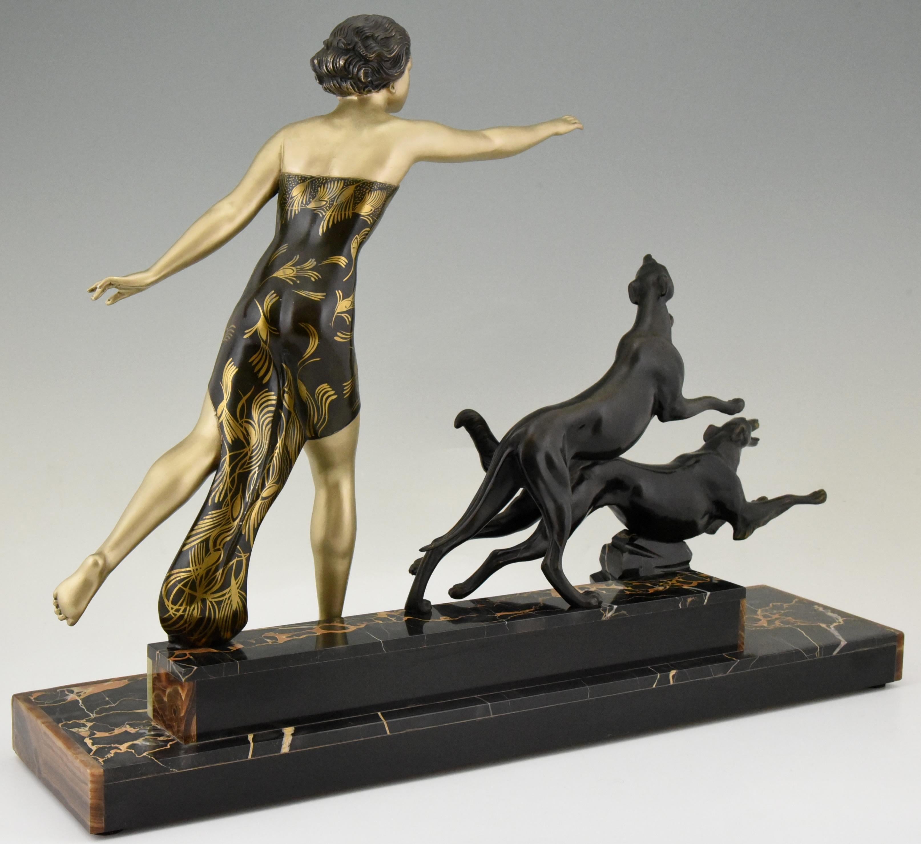 20th Century Art Deco Sculpture Lady with Dogs by Uriano, France, 1930