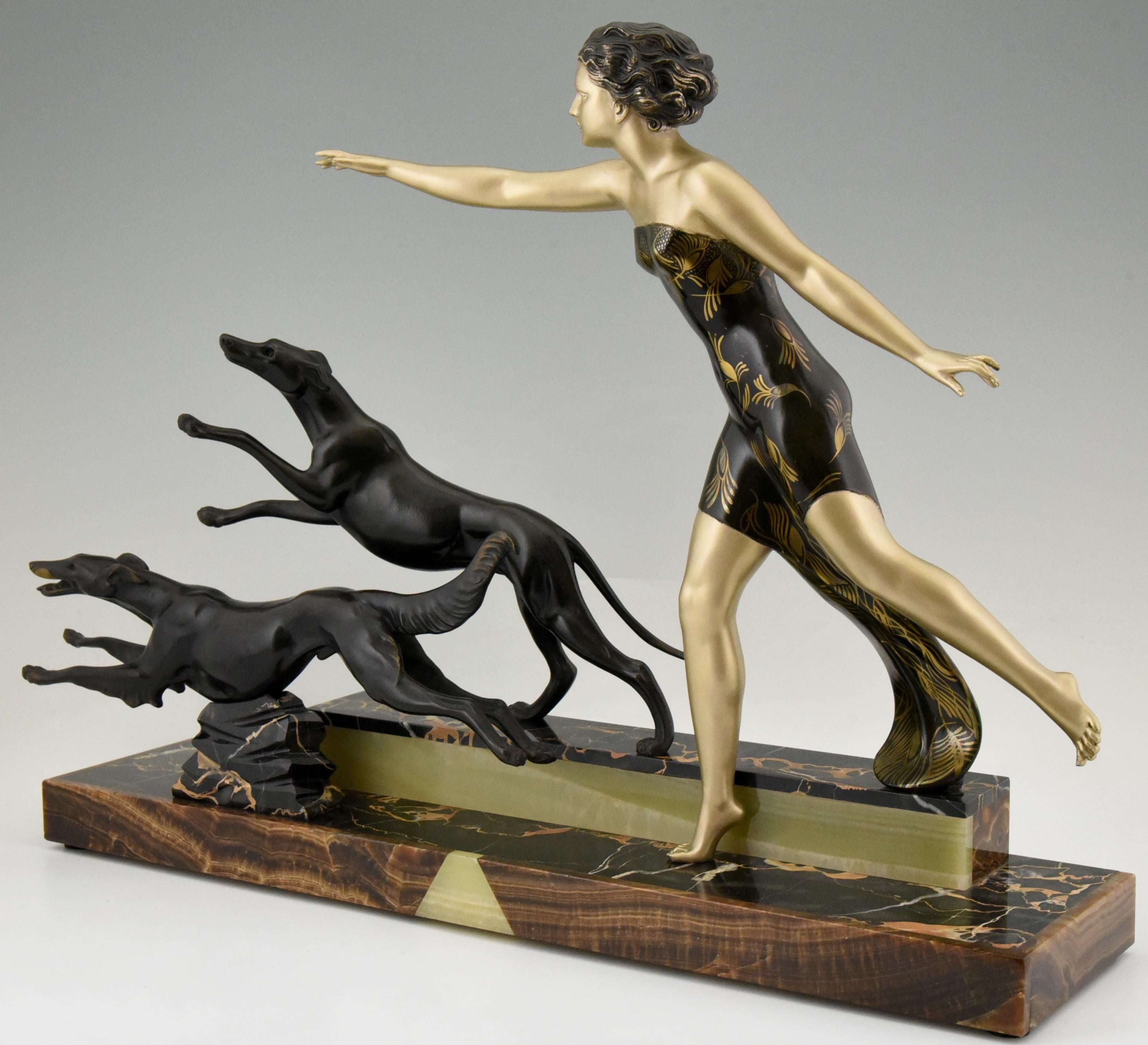 Art Deco Sculpture Lady with Dogs by Uriano, France, 1930 1