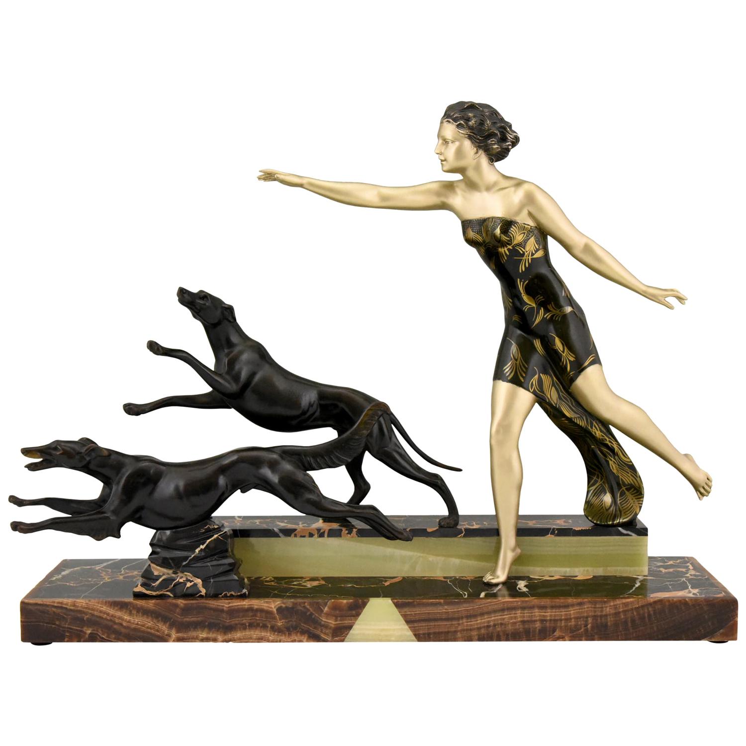 Art Deco Sculpture Lady with Dogs by Uriano, France, 1930