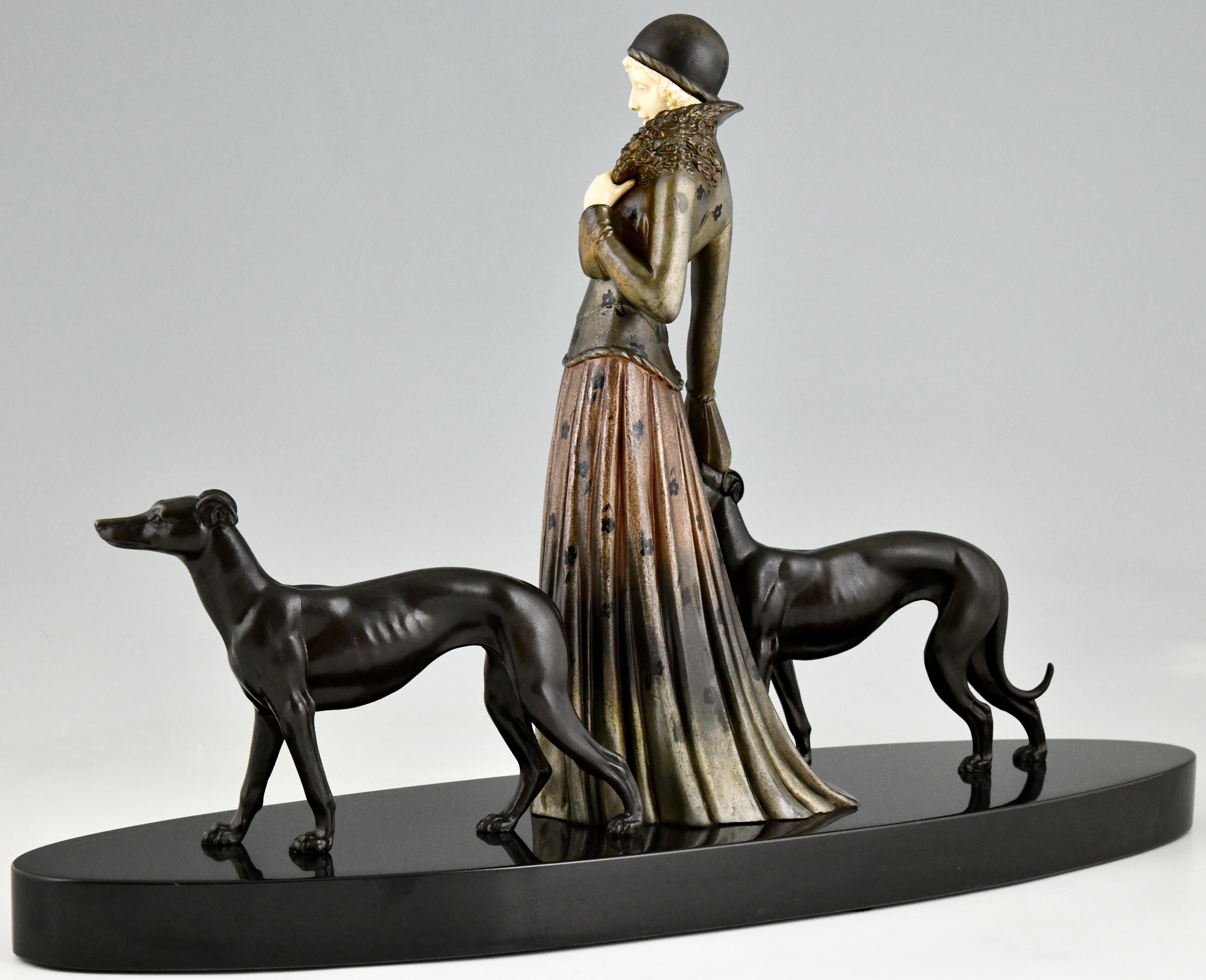 Patinated Art Deco Sculpture Lady with Greyhound Dogs by Demetre Chiparus, France, 1930