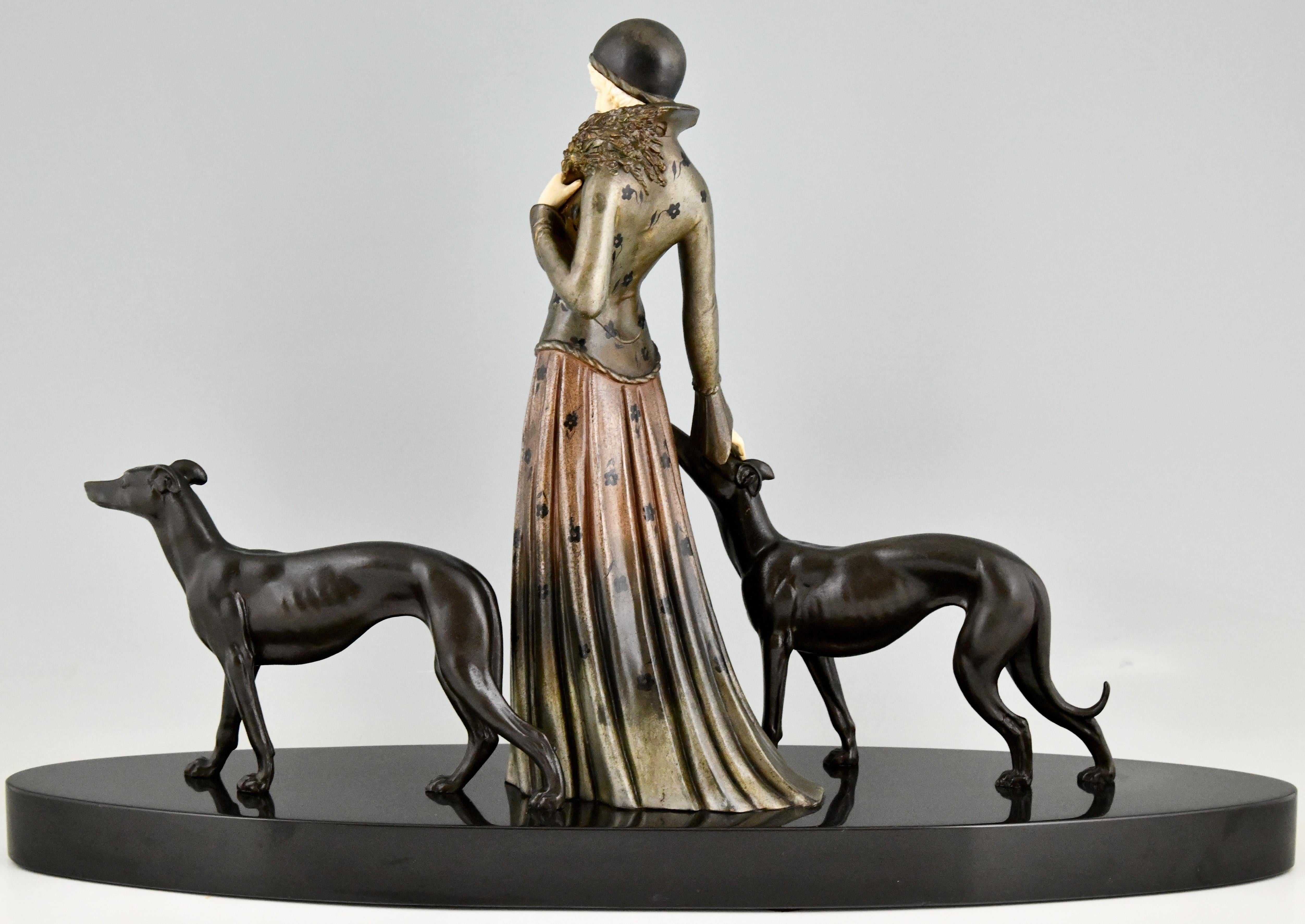 Art Deco Sculpture Lady with Greyhound Dogs by Demetre Chiparus, France, 1930 In Good Condition In Antwerp, BE