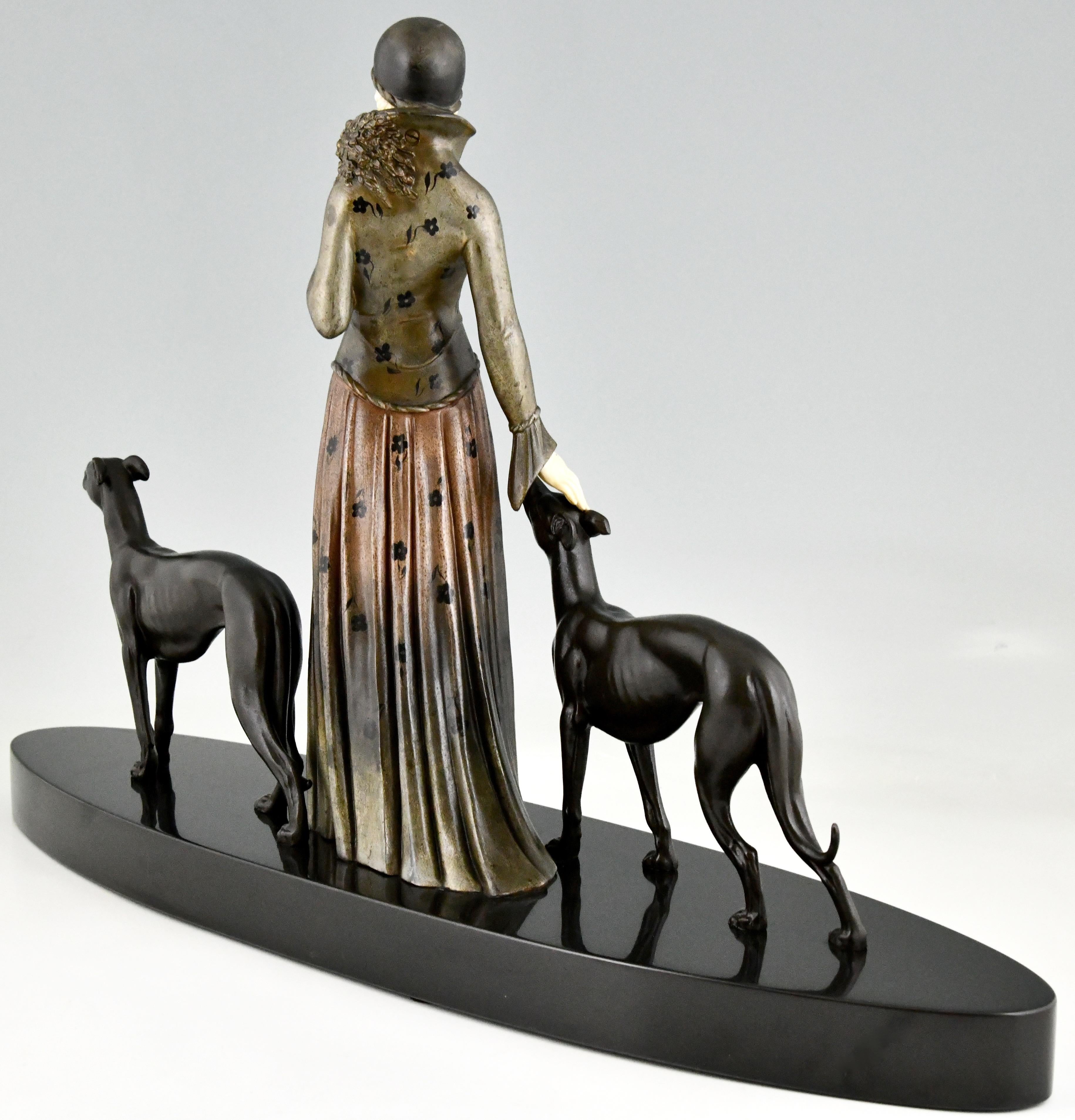 Mid-20th Century Art Deco Sculpture Lady with Greyhound Dogs by Demetre Chiparus, France, 1930