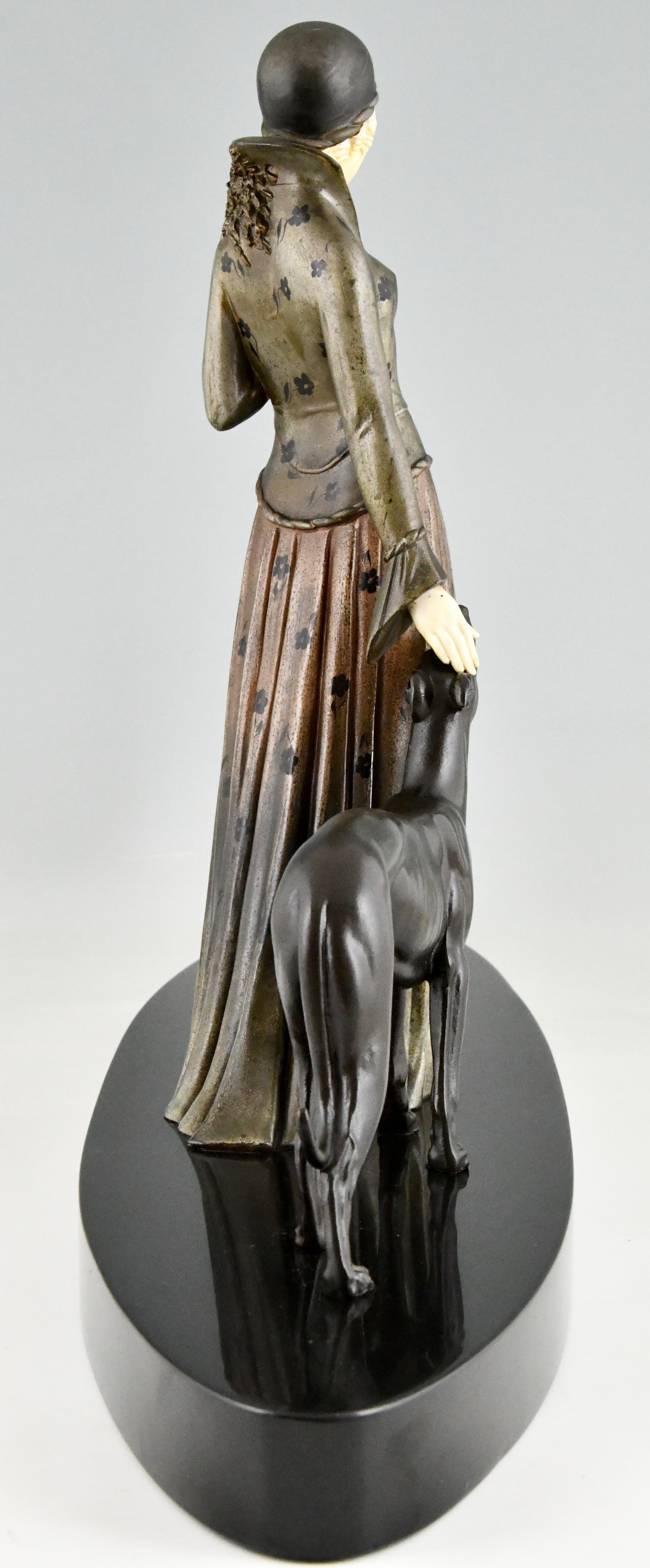 Metal Art Deco Sculpture Lady with Greyhound Dogs by Demetre Chiparus, France, 1930
