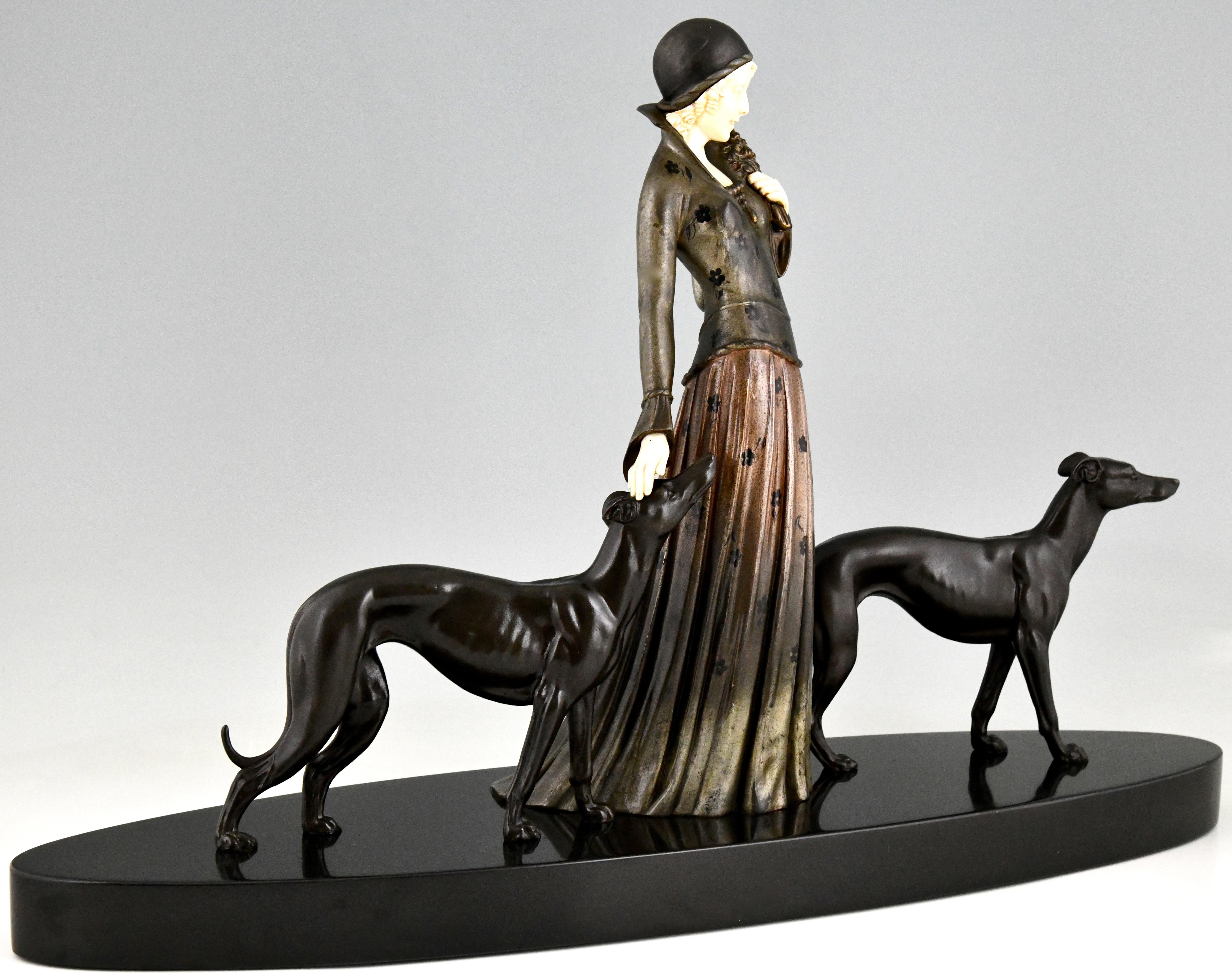 Art Deco Sculpture Lady with Greyhound Dogs by Demetre Chiparus, France, 1930 1