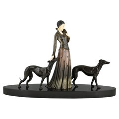 Art Deco Sculpture Lady with Greyhound Dogs by Demetre Chiparus, France, 1930