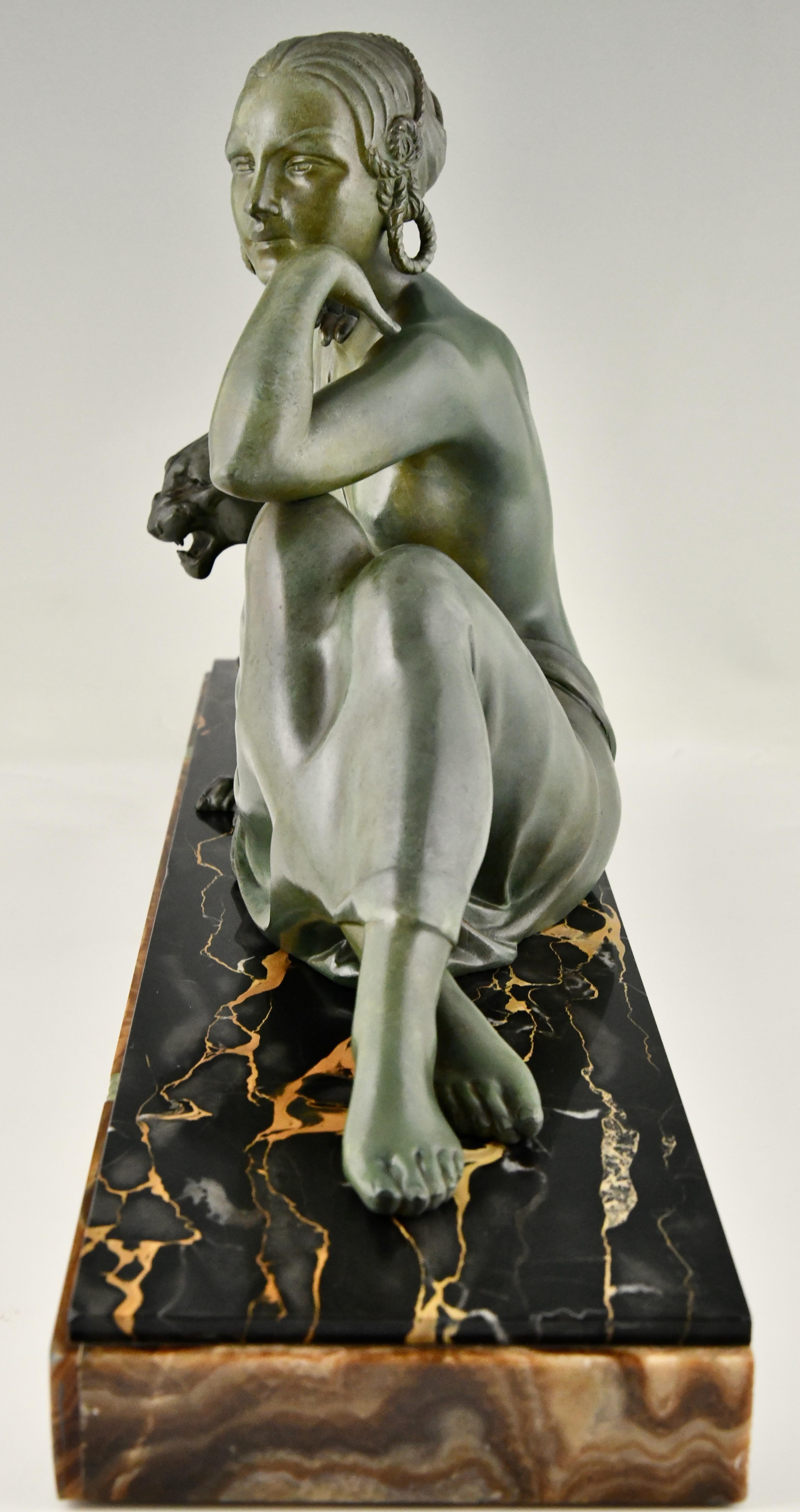 French Art Deco sculpture lady with panter by Armand Godard France 1930