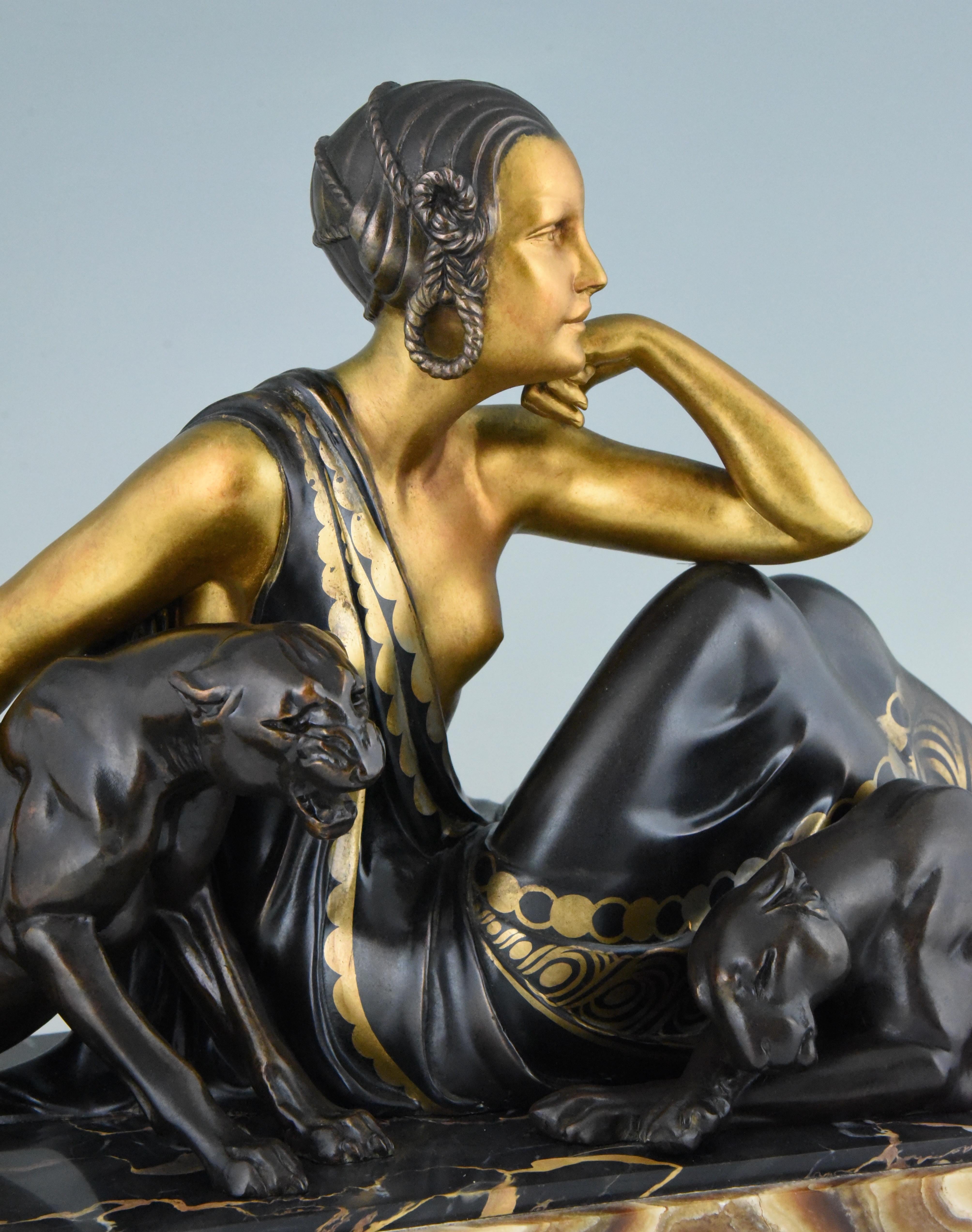 Art Deco Sculpture Lady with Two Panthers Gold Armand Godard, France, 1930 2