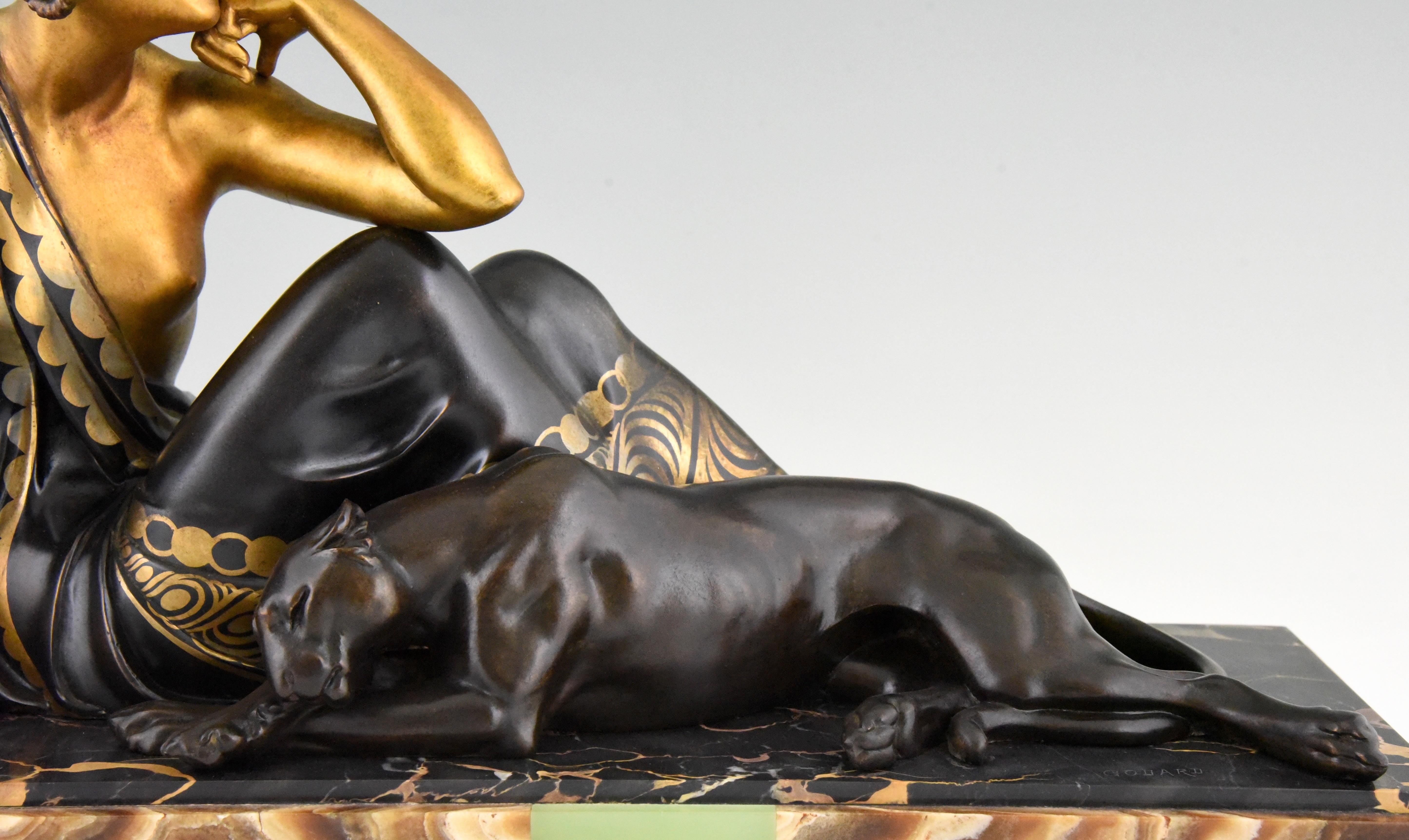 Art Deco Sculpture Lady with Two Panthers Gold Armand Godard, France, 1930 4