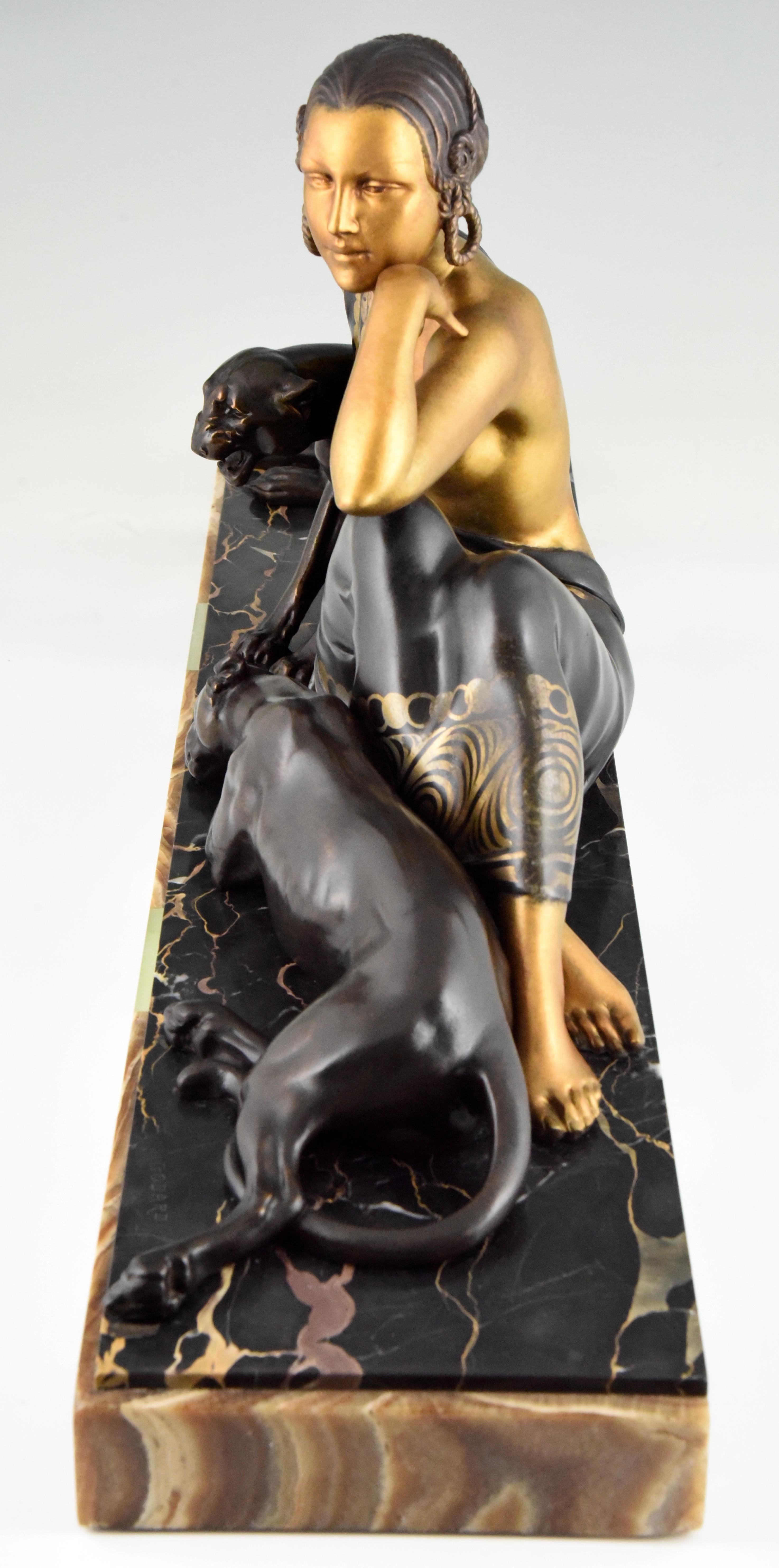 French Art Deco Sculpture Lady with Two Panthers Gold Armand Godard, France, 1930