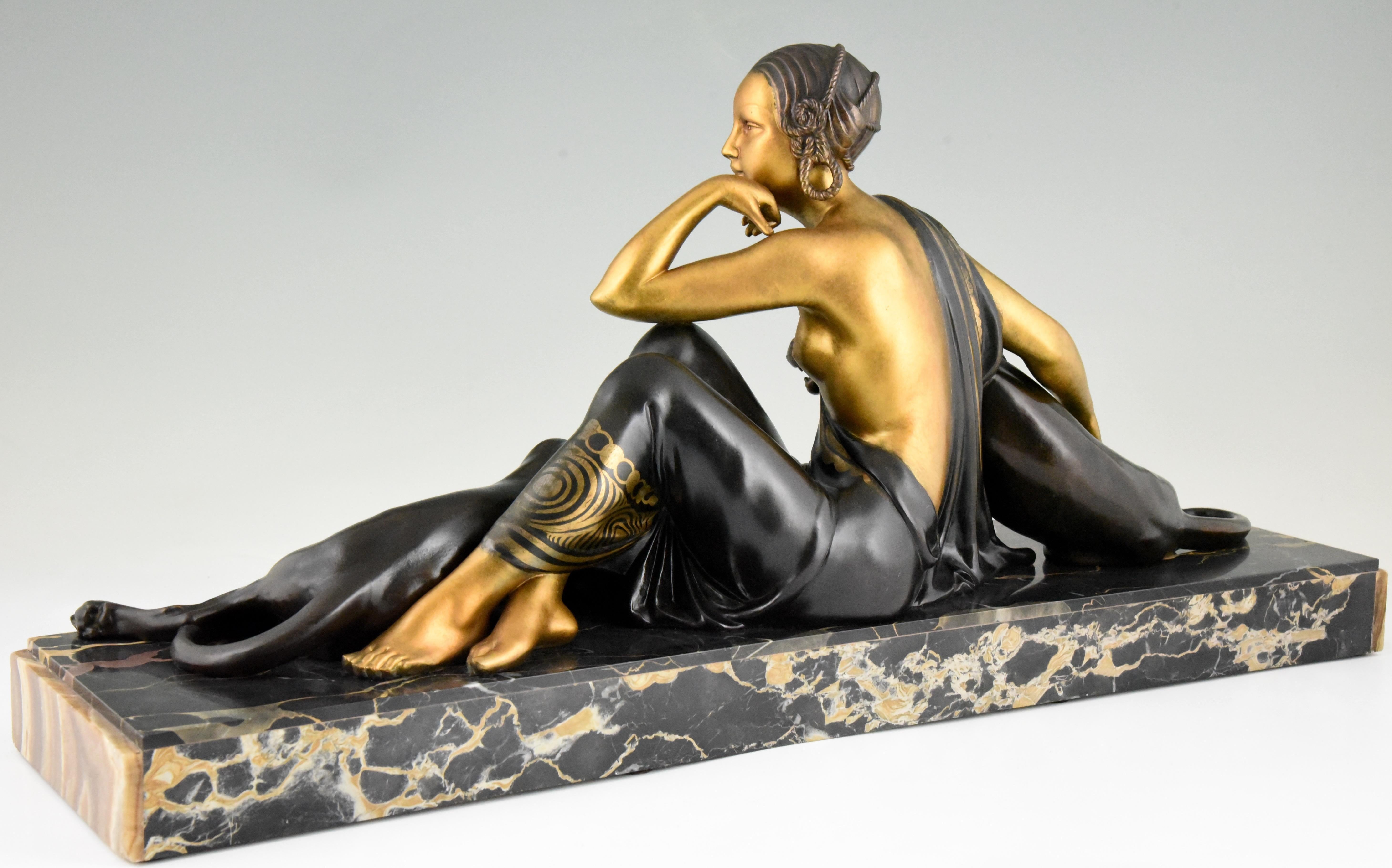 Patinated Art Deco Sculpture Lady with Two Panthers Gold Armand Godard, France, 1930