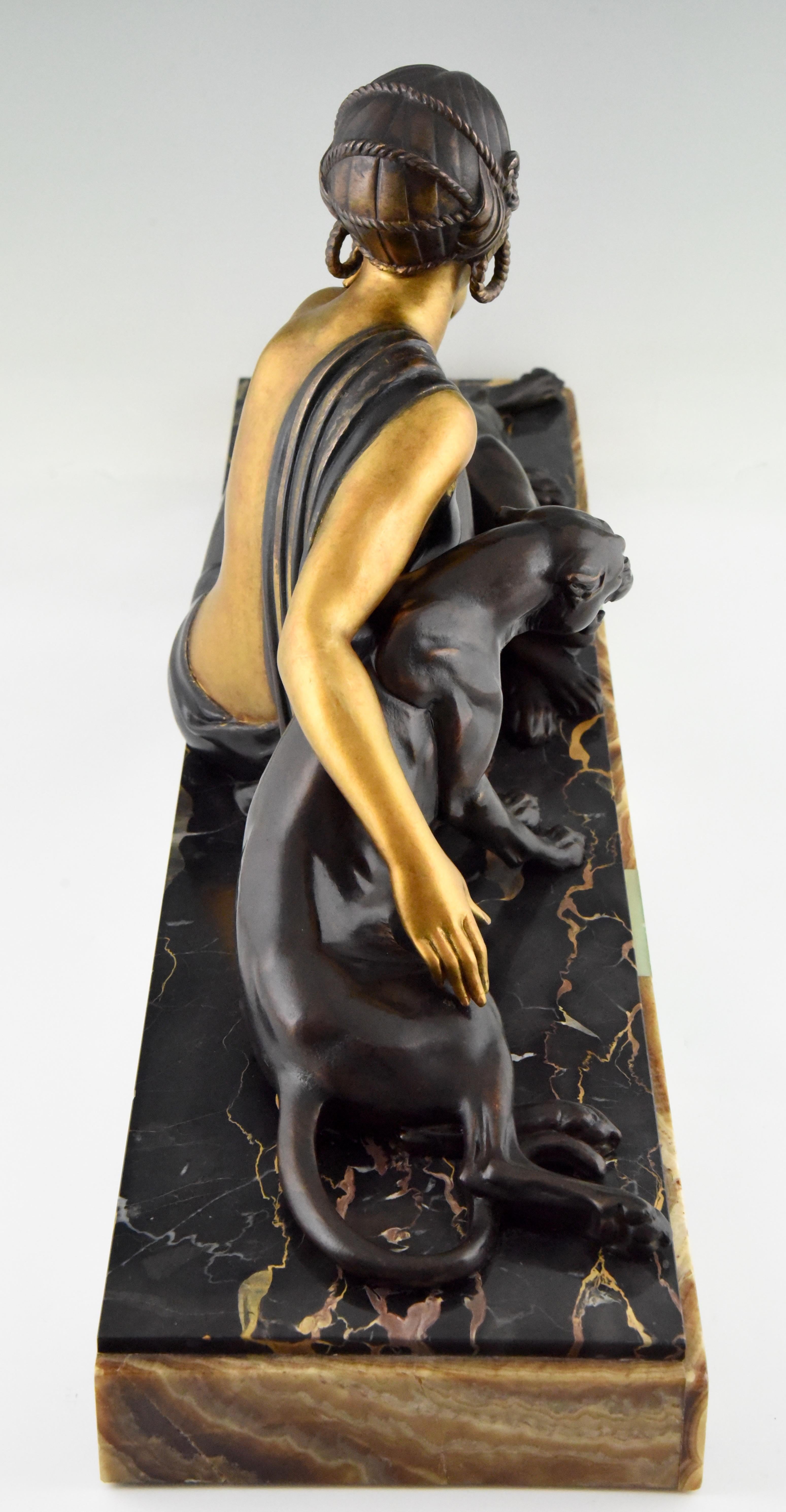 20th Century Art Deco Sculpture Lady with Two Panthers Gold Armand Godard, France, 1930
