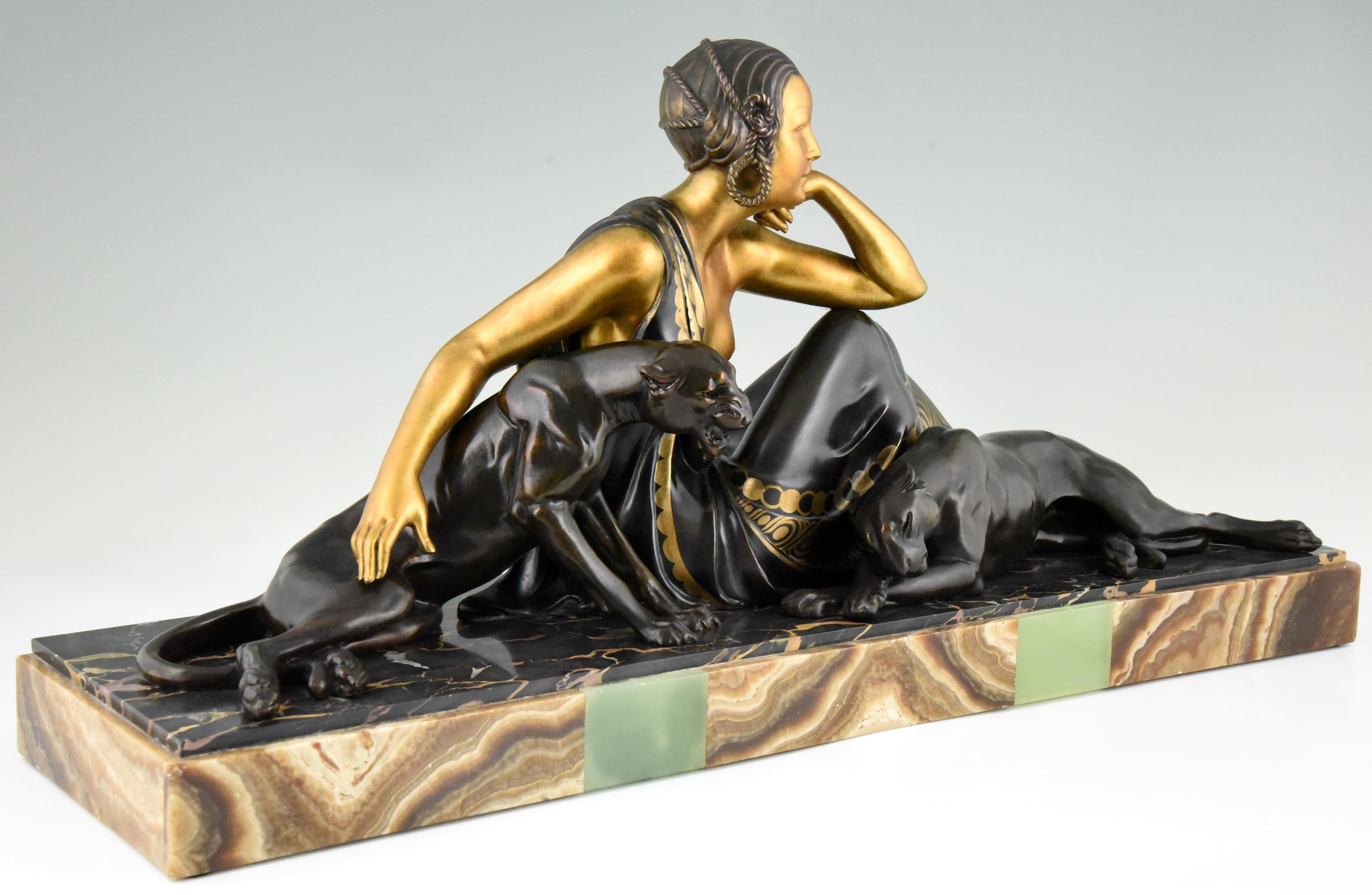 Metal Art Deco Sculpture Lady with Two Panthers Gold Armand Godard, France, 1930