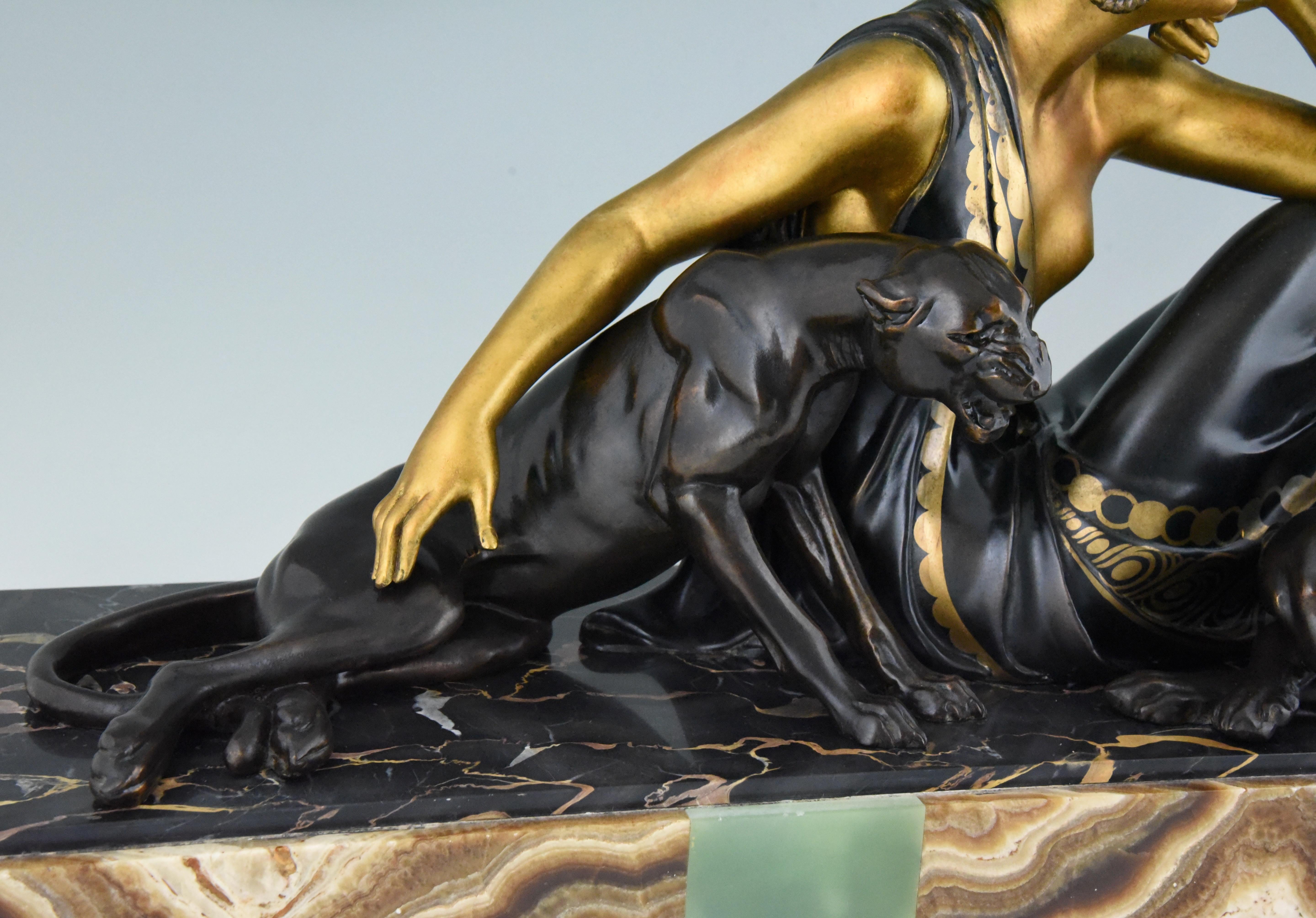 Art Deco Sculpture Lady with Two Panthers Gold Armand Godard, France, 1930 1
