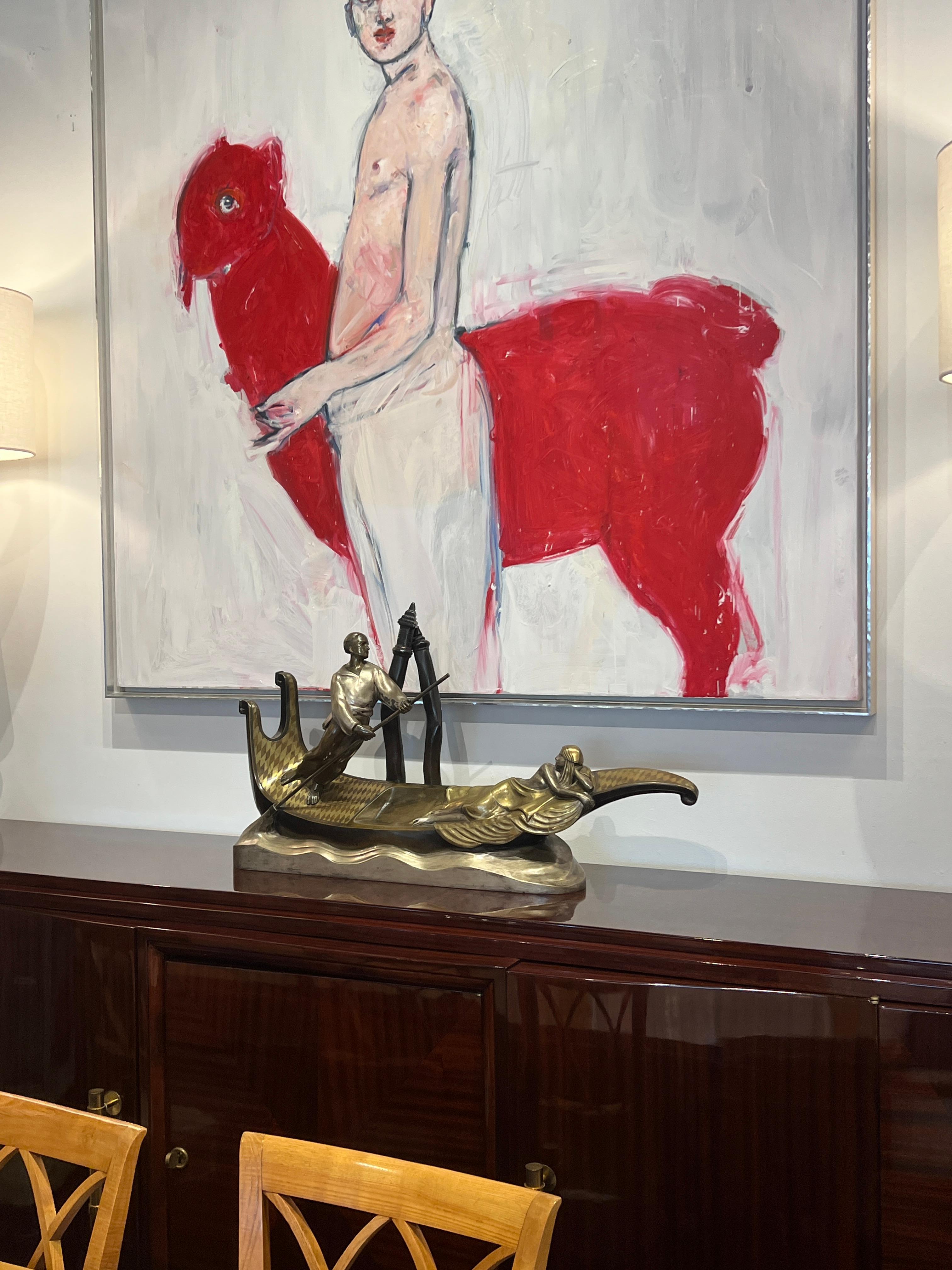 Art Deco masterpiece titled “Venice” by Alexandre Kelety, crafted in France circa 1930 and executed in dinanderie (Belgian brass), a technique often involving intricately patterned and gilded metalwork typical of the period, It captures an evocative