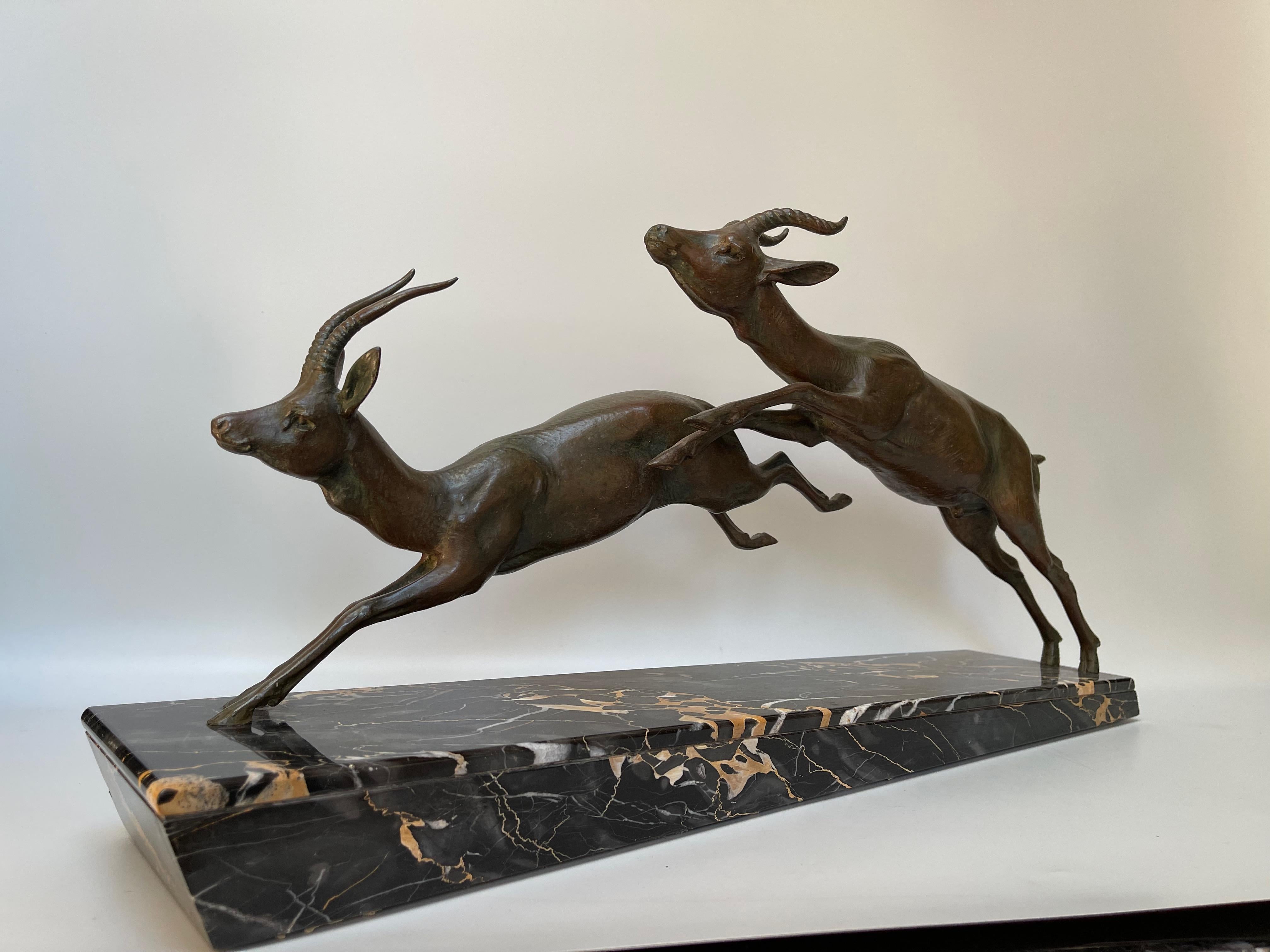French Art Deco Sculpture Leap of Gazelles by Plagnet For Sale