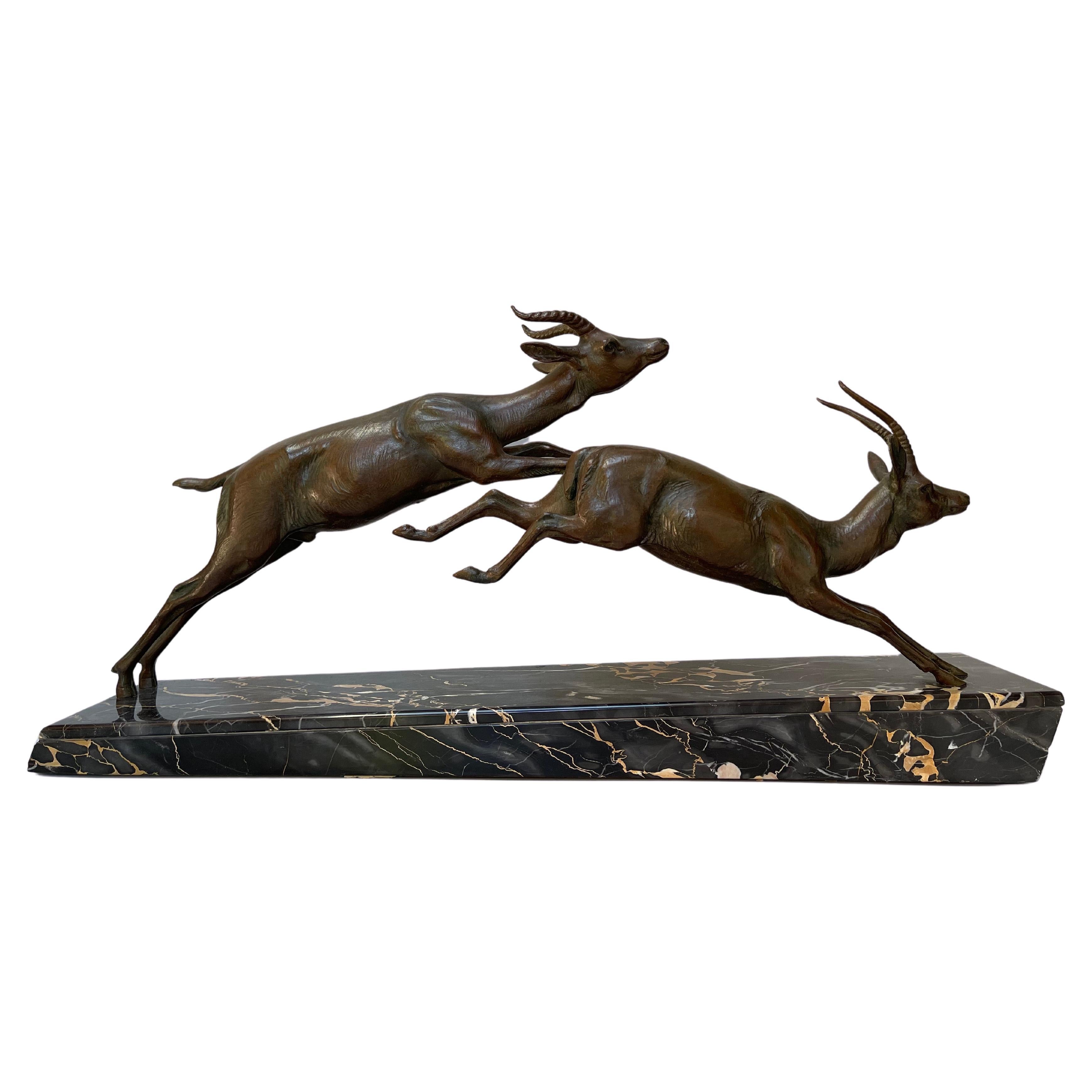 Art Deco Sculpture Leap of Gazelles by Plagnet For Sale