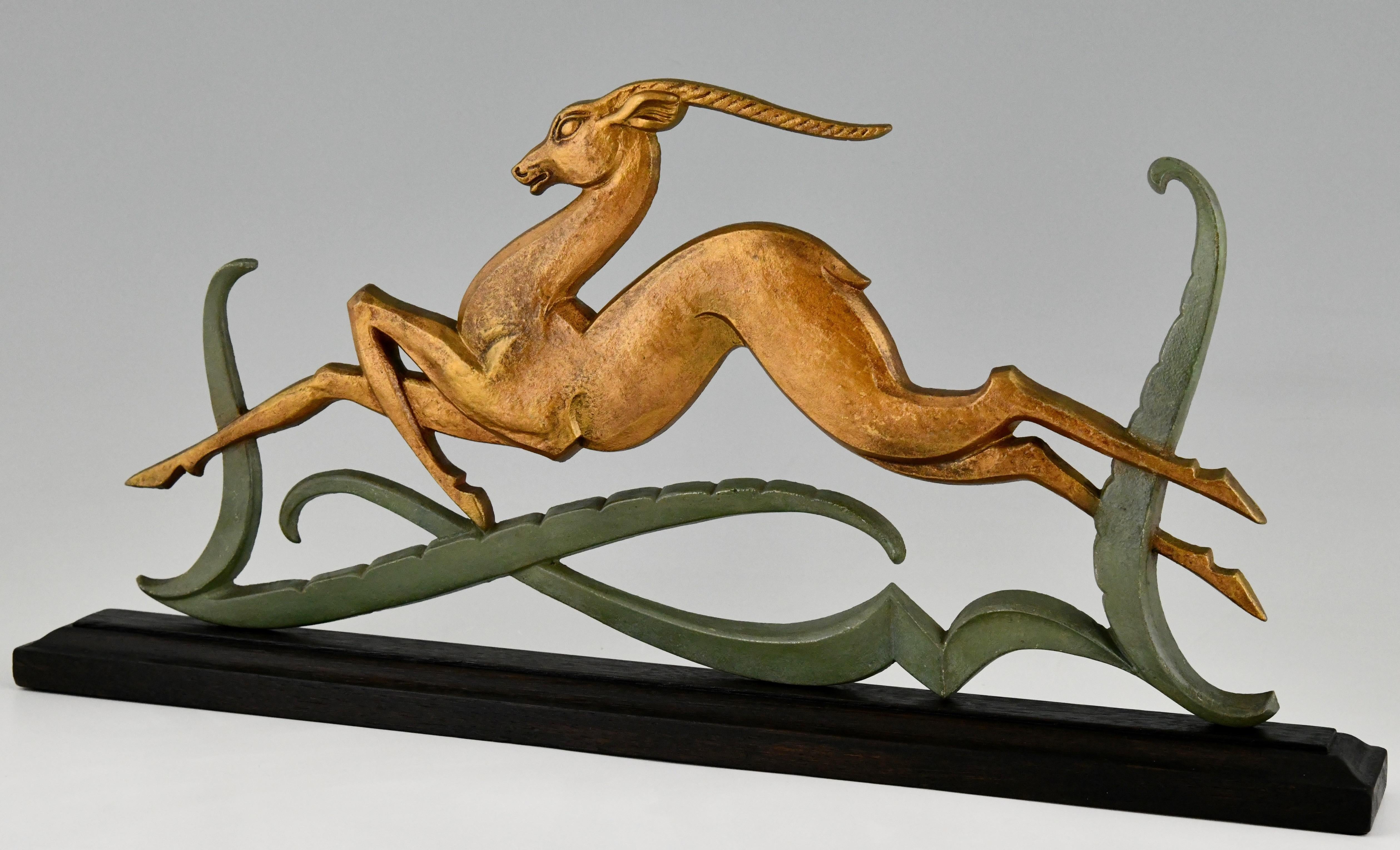 Patinated Art Deco Sculpture Leaping Deer, France, 1930