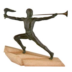 Art Deco sculpture male nude with trumpet and torch Max Le Verrier France 1930