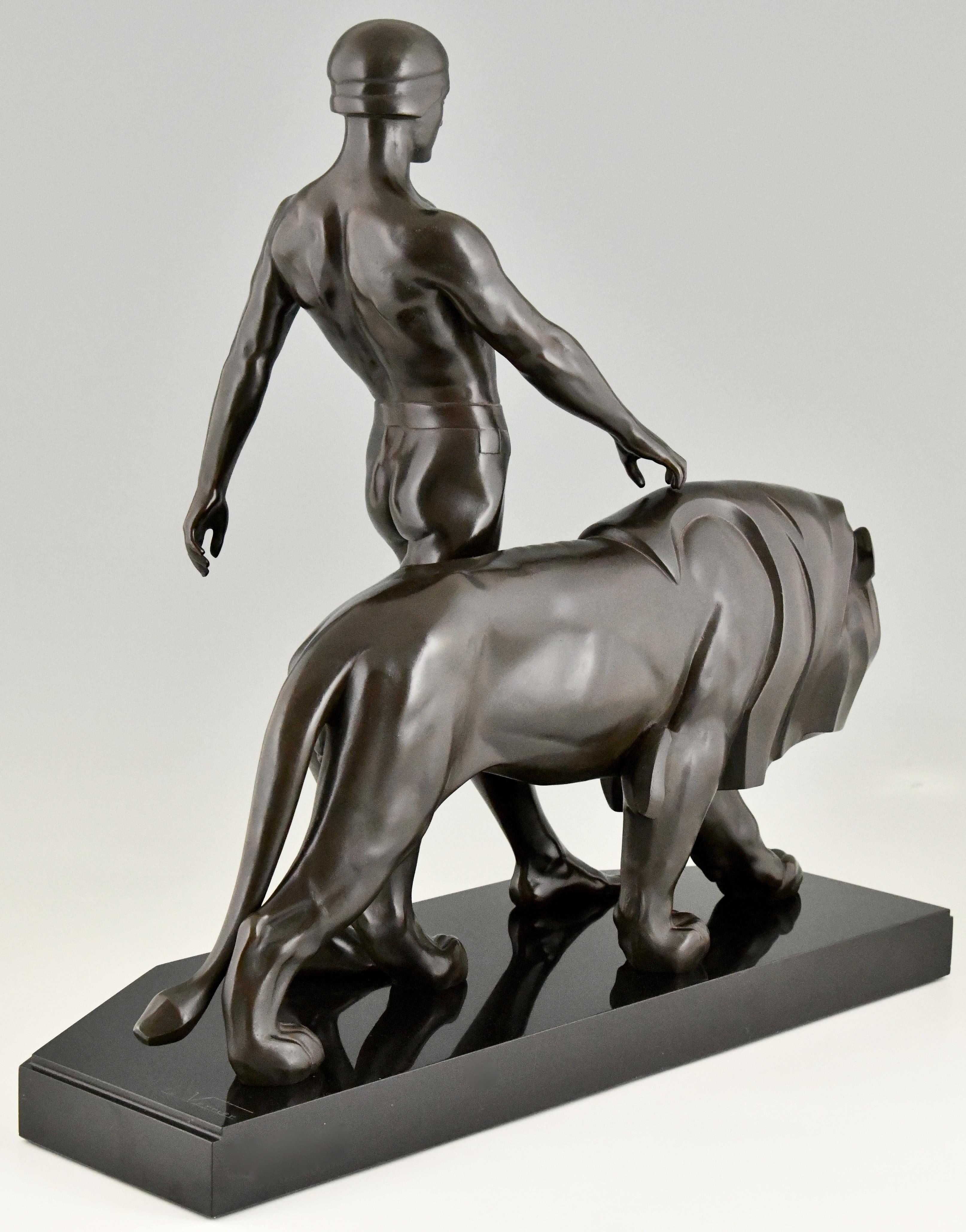 Metal Art Deco Sculpture Man and Lion Gladiator Belluaire Max Le Verrier Original 1930