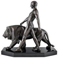 Art Deco Sculpture Man and Lion Gladiator Belluaire Max Le Verrier Original 1930