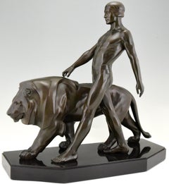 Art Deco Sculpture Man with Lion Gladiator Belluaire Max Le Verrier, 1930 France