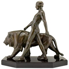 Art Deco Sculpture Man with Lion Gladiator Belluaire Max Le Verrier, 1930 France