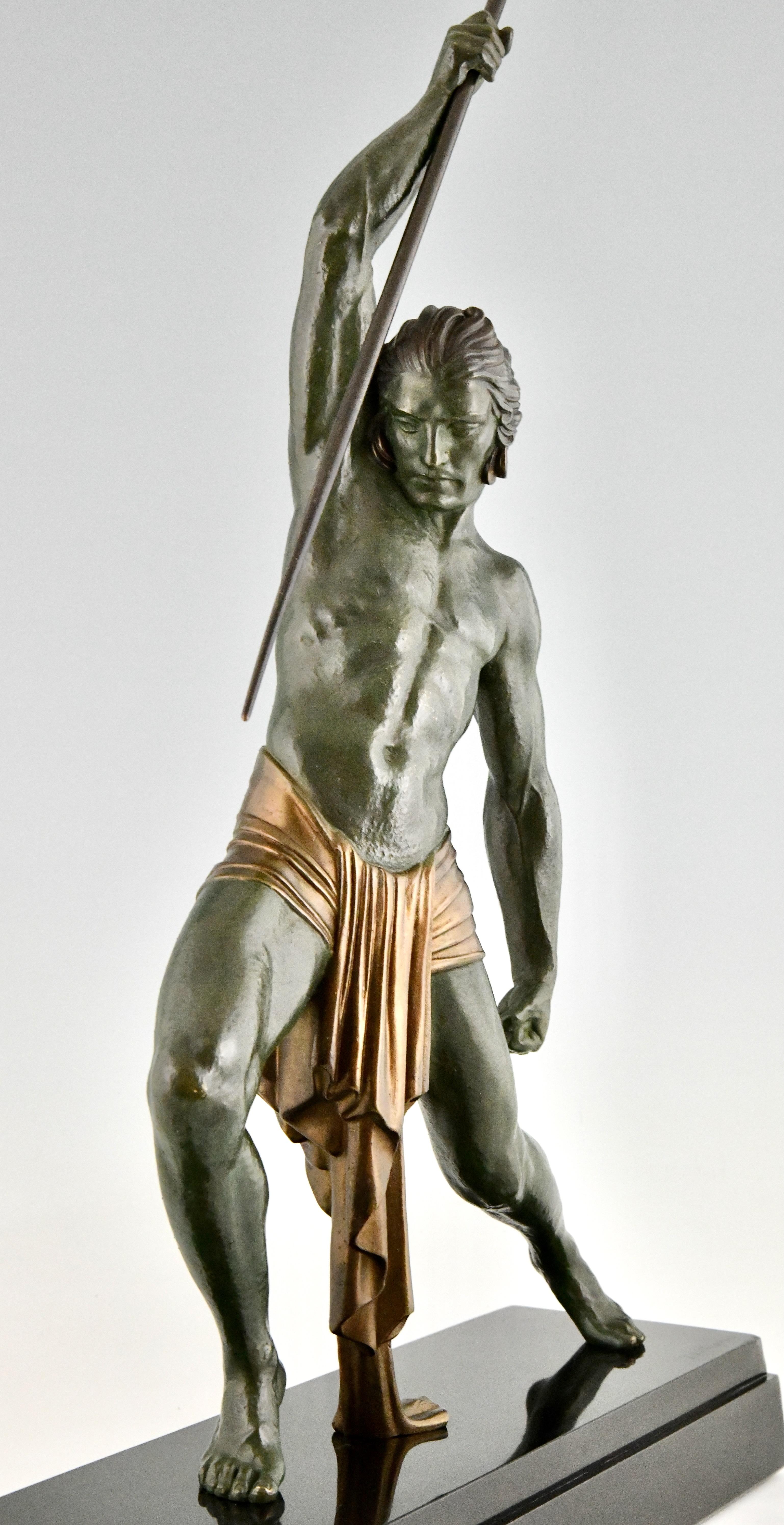 Metal Art Deco sculpture man with spear by Demetre H. Chiparus France 1934 For Sale