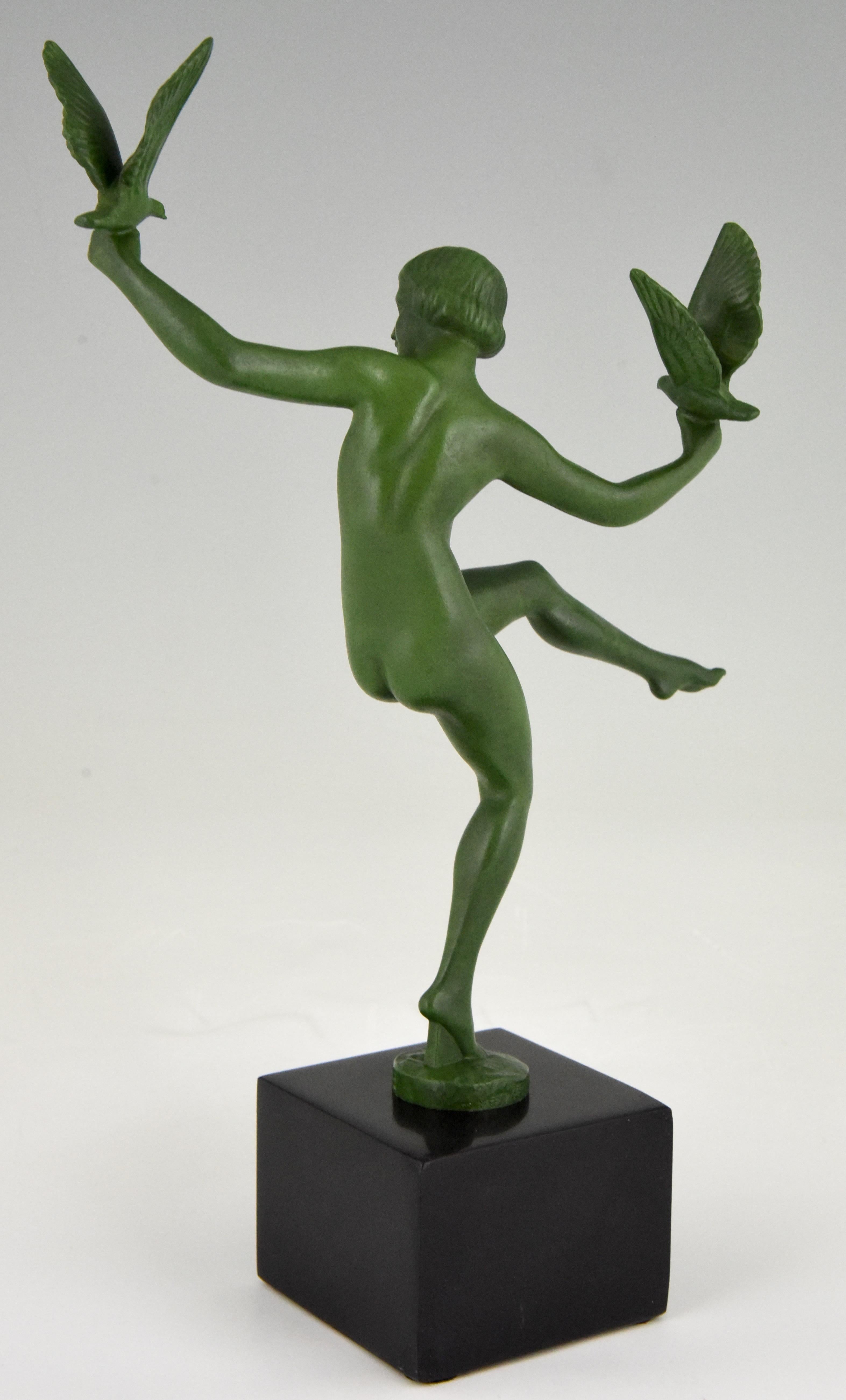 Patiné Art Deco Sculpture Nu Oiseau Danseur Briand Marcel Bouraine France 1930