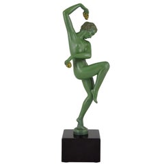 Vintage Art Deco Sculpture Nude Dancer with Grapes Denis France 1930 Green Art Metal