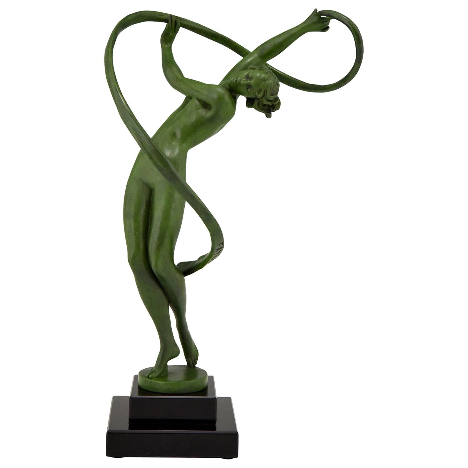 Art Deco Sculpture Nude Dancer with Ribbon Fayral, Pierre Le Faguays, 1930