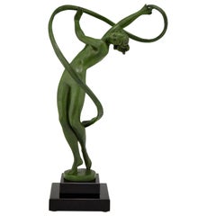 Vintage Art Deco Sculpture Nude Dancer with Ribbon Fayral, Pierre Le Faguays, 1930