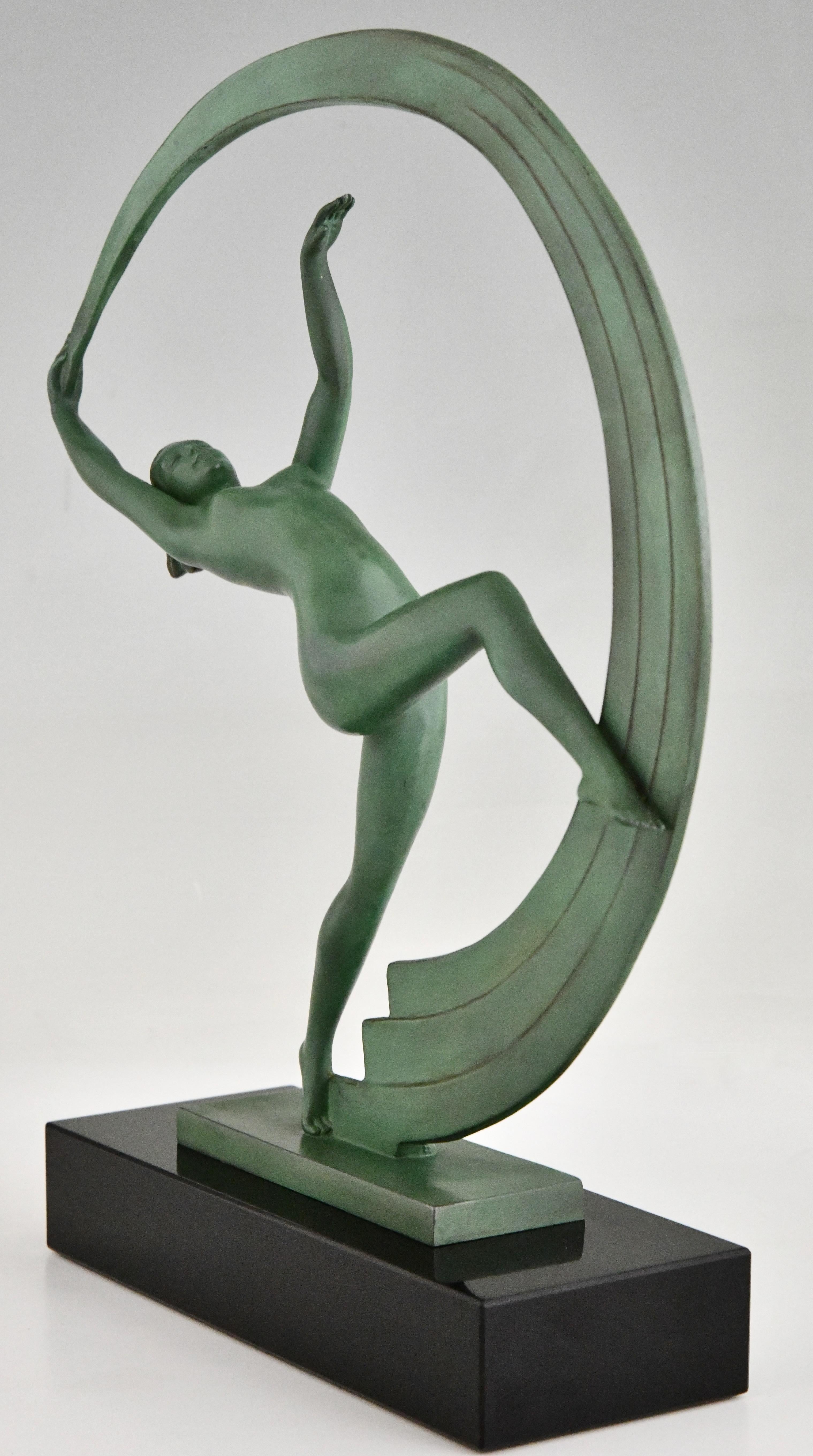 French Art Deco sculpture nude dancer with scarf Bacchanale by Janle for Max Le Verrier