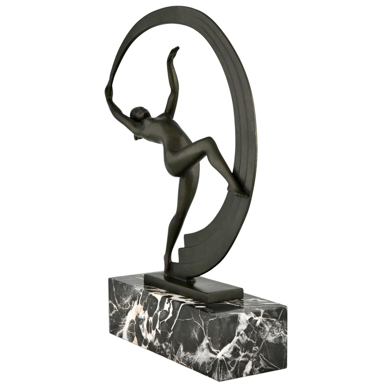 French Art Deco sculpture nude dancer with scarf Bacchanale by Janle for Max Le Verrier For Sale