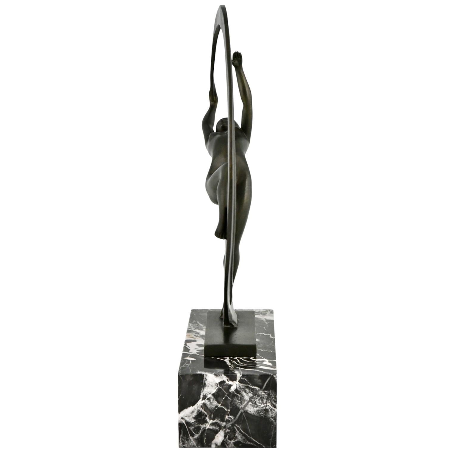 Patinated Art Deco sculpture nude dancer with scarf Bacchanale by Janle for Max Le Verrier For Sale