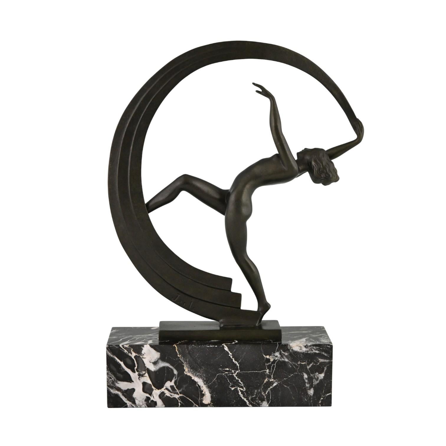 Mid-20th Century Art Deco sculpture nude dancer with scarf Bacchanale by Janle for Max Le Verrier For Sale