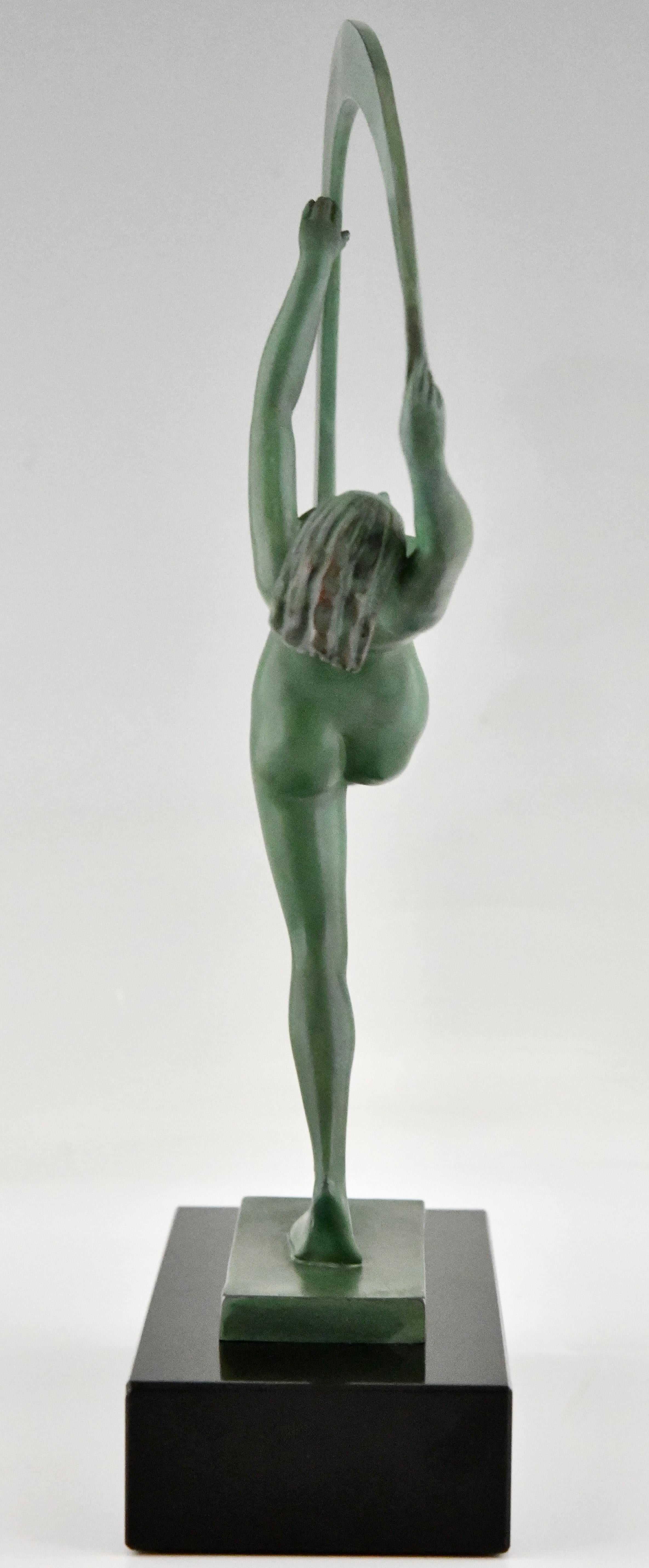 Metal Art Deco sculpture nude dancer with scarf Bacchanale by Janle for Max Le Verrier