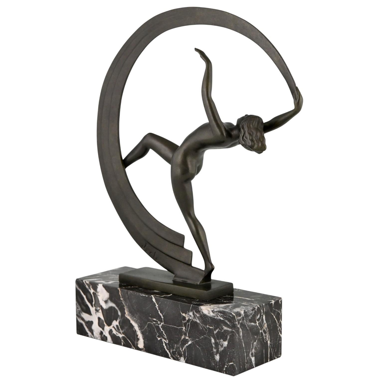 Metal Art Deco sculpture nude dancer with scarf Bacchanale by Janle for Max Le Verrier For Sale