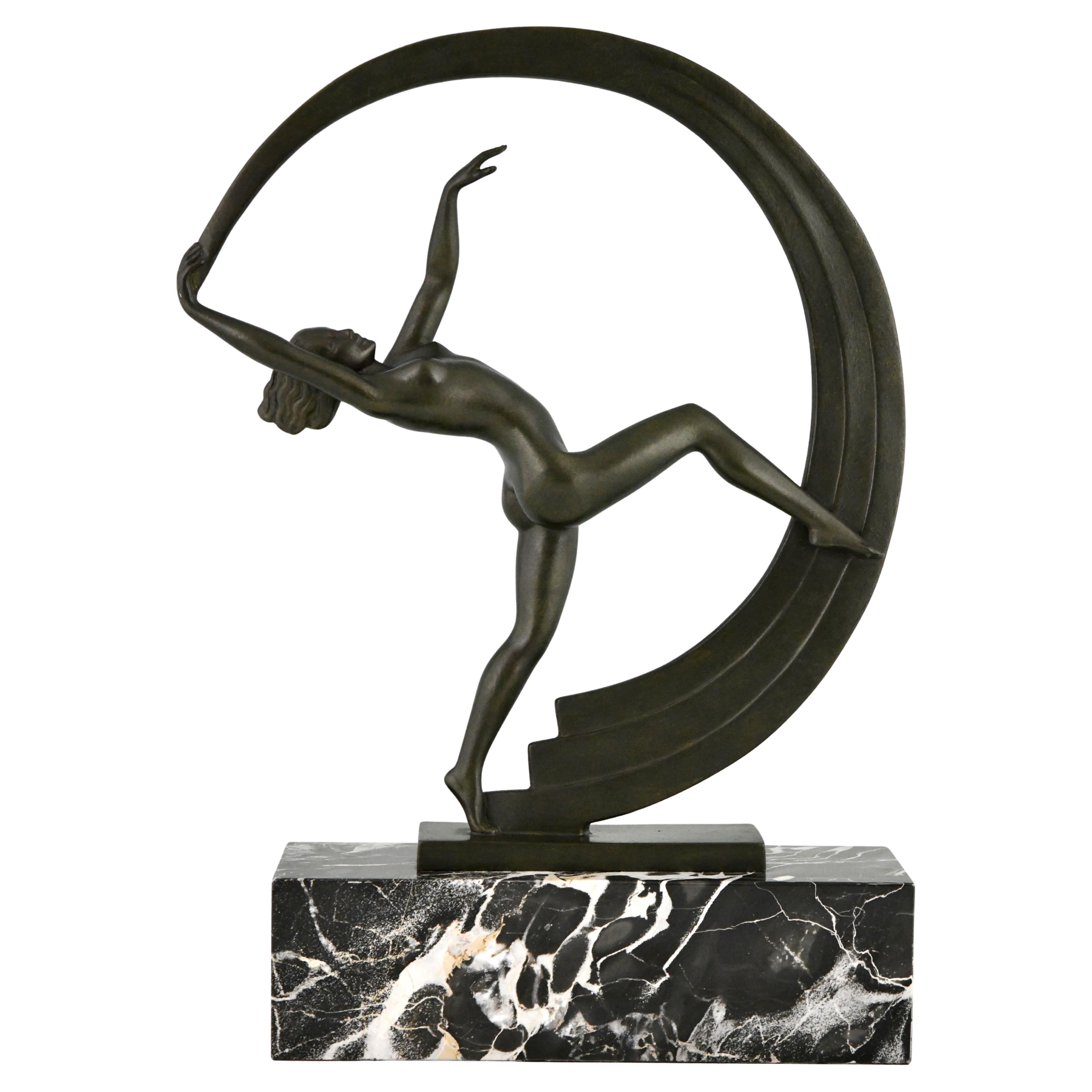 Art Deco sculpture nude dancer with scarf Bacchanale by Janle for Max Le Verrier For Sale