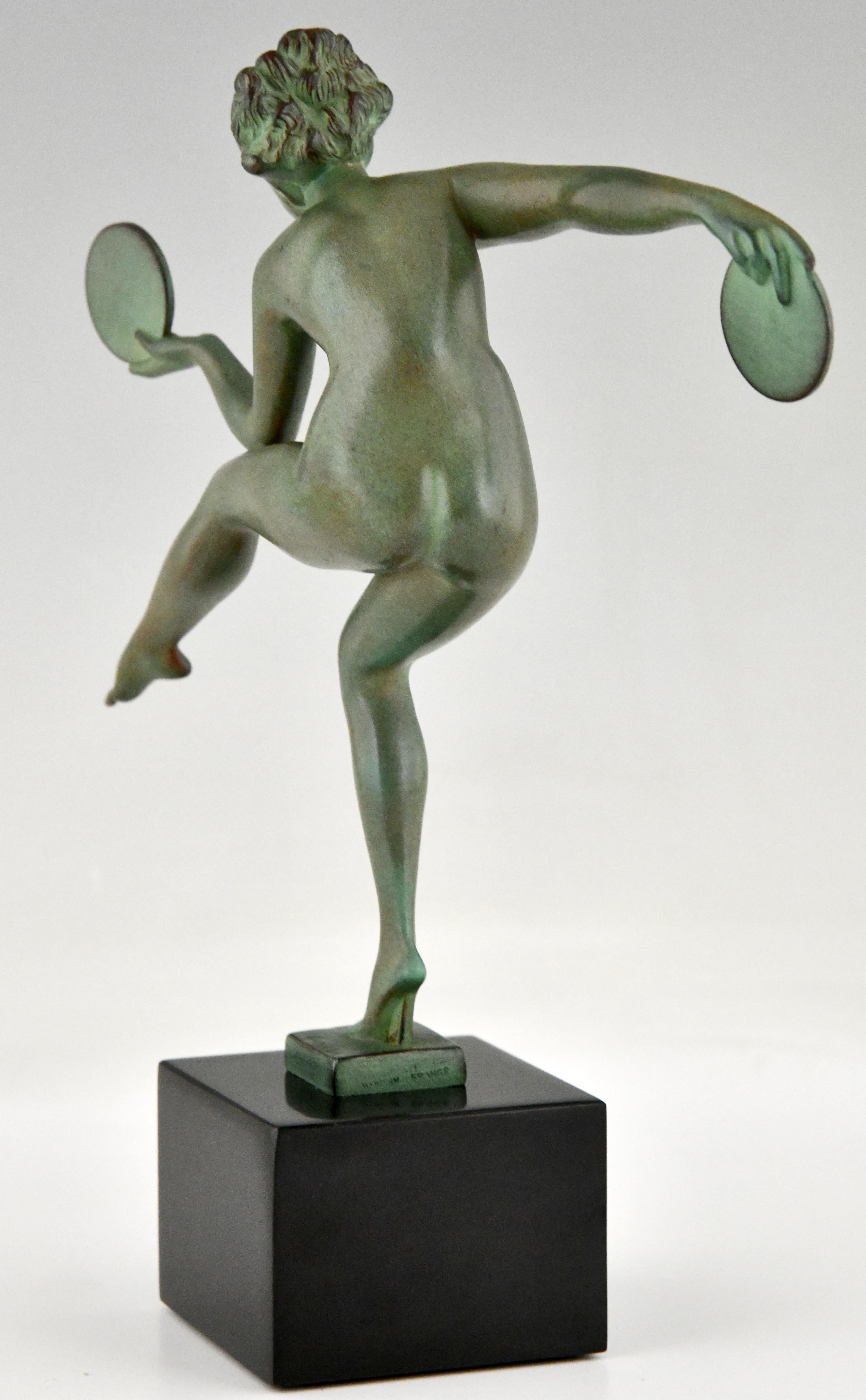 French Art Deco Sculpture Nude Disc Dancer by Derenne, France, 1930
