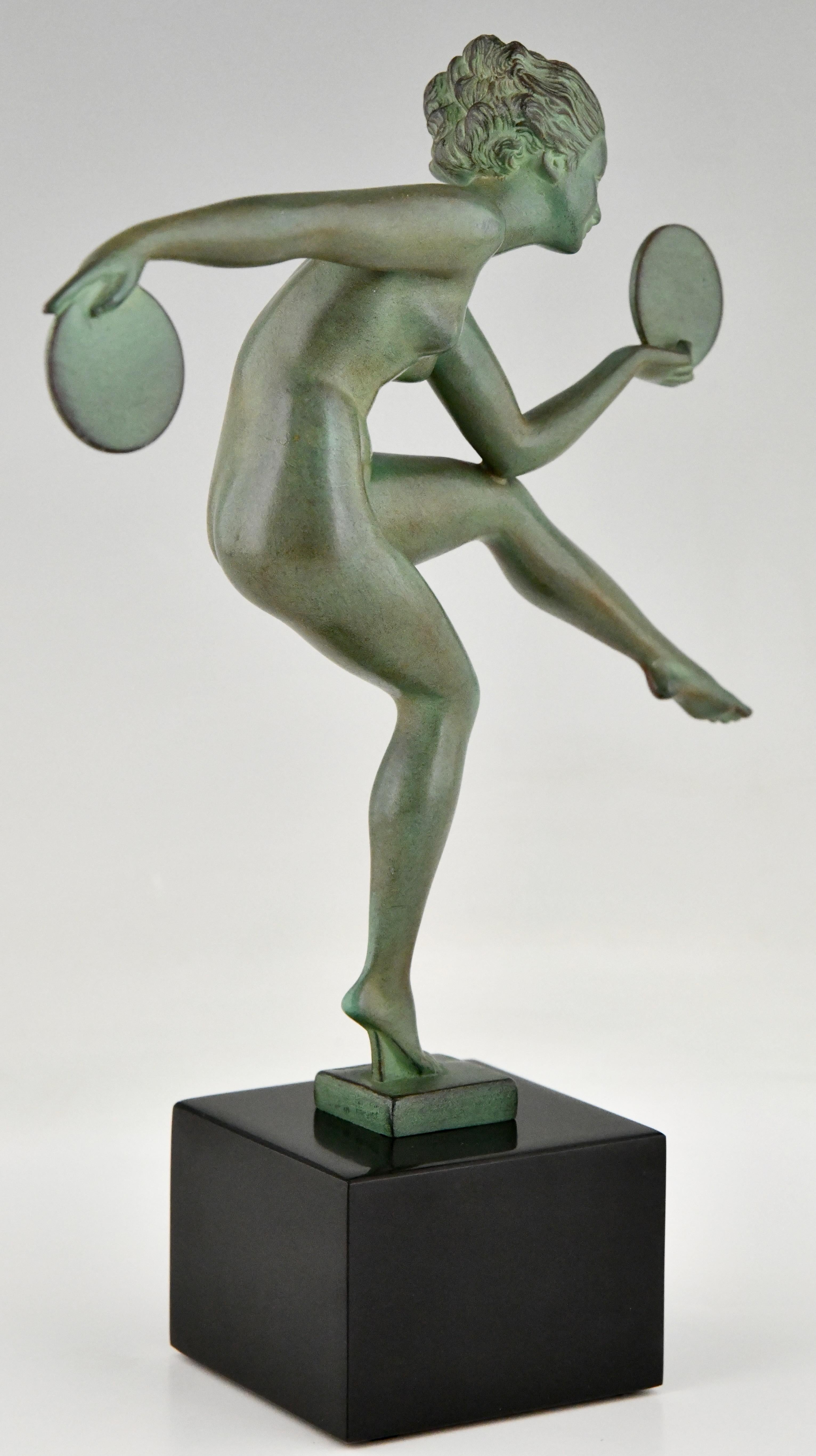 Patinated Art Deco Sculpture Nude Disc Dancer by Derenne, France, 1930