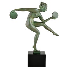 Art Deco Sculpture Nude Disc Dancer by Derenne, France, 1930