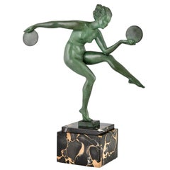 Art Deco sculpture nude disc dancer by Derenne & Max Le Verrier, France 1930.