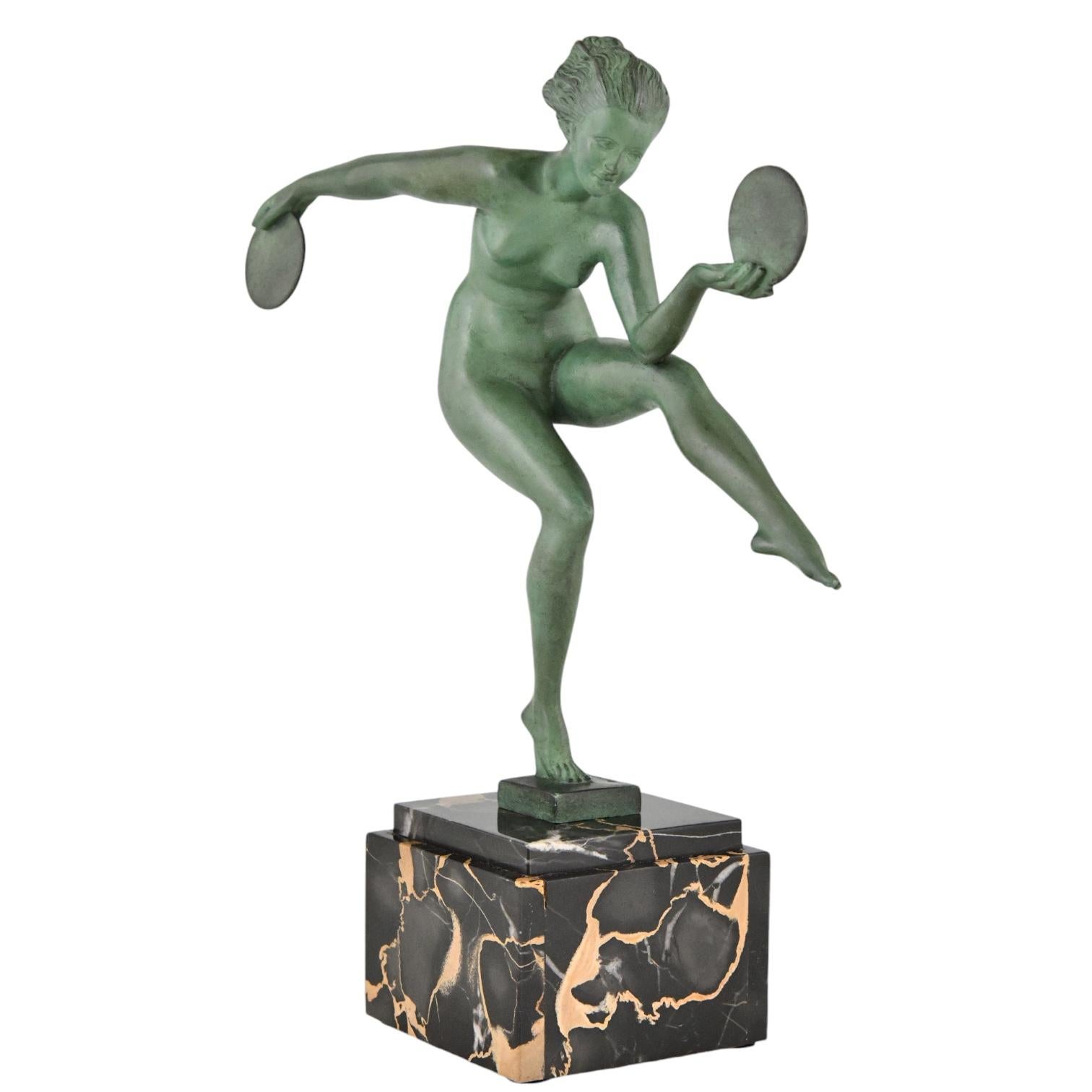 French Art Deco sculpture nude disc dancer by Derenne & Max Le Verrier, France 1930. For Sale