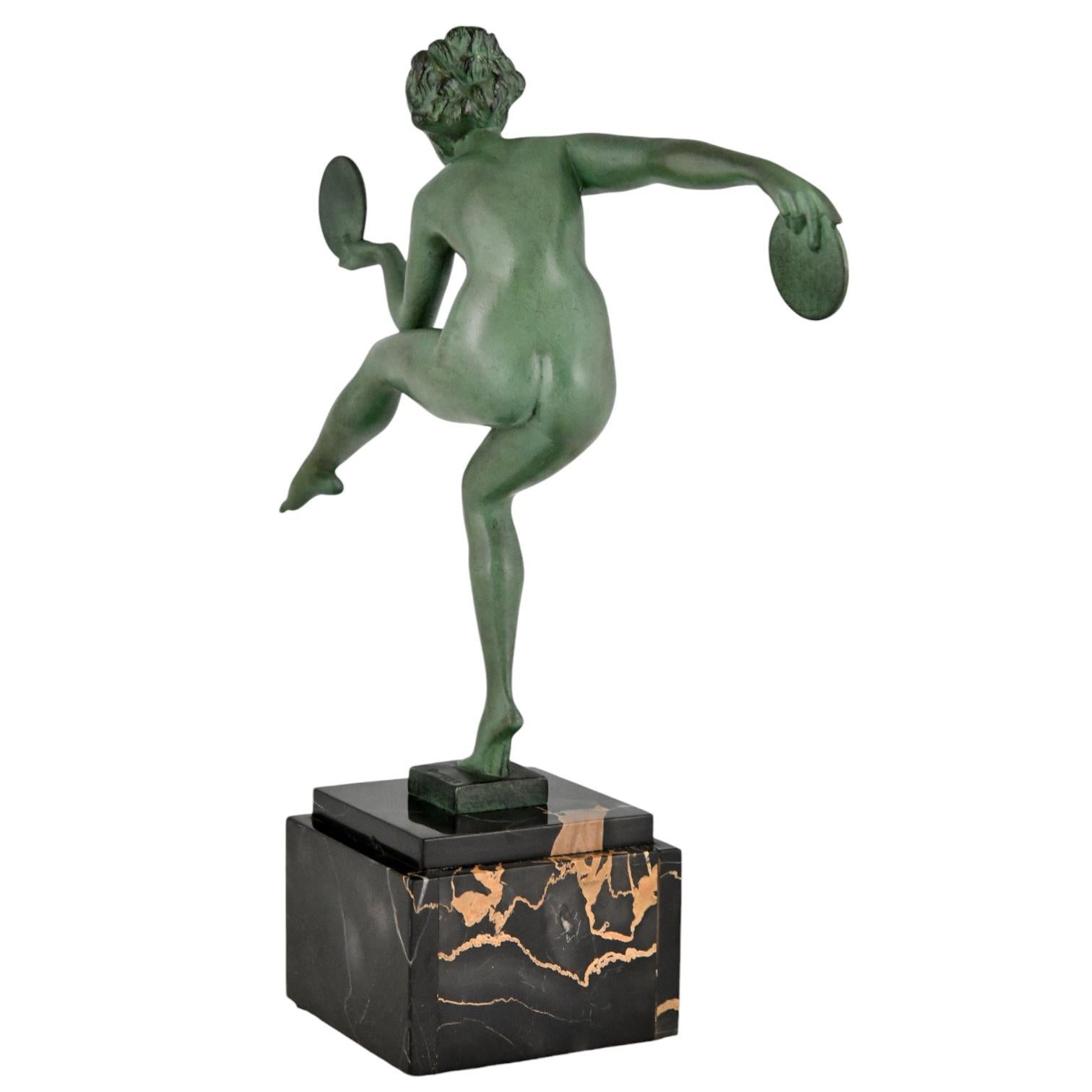 Mid-20th Century Art Deco sculpture nude disc dancer by Derenne & Max Le Verrier, France 1930. For Sale