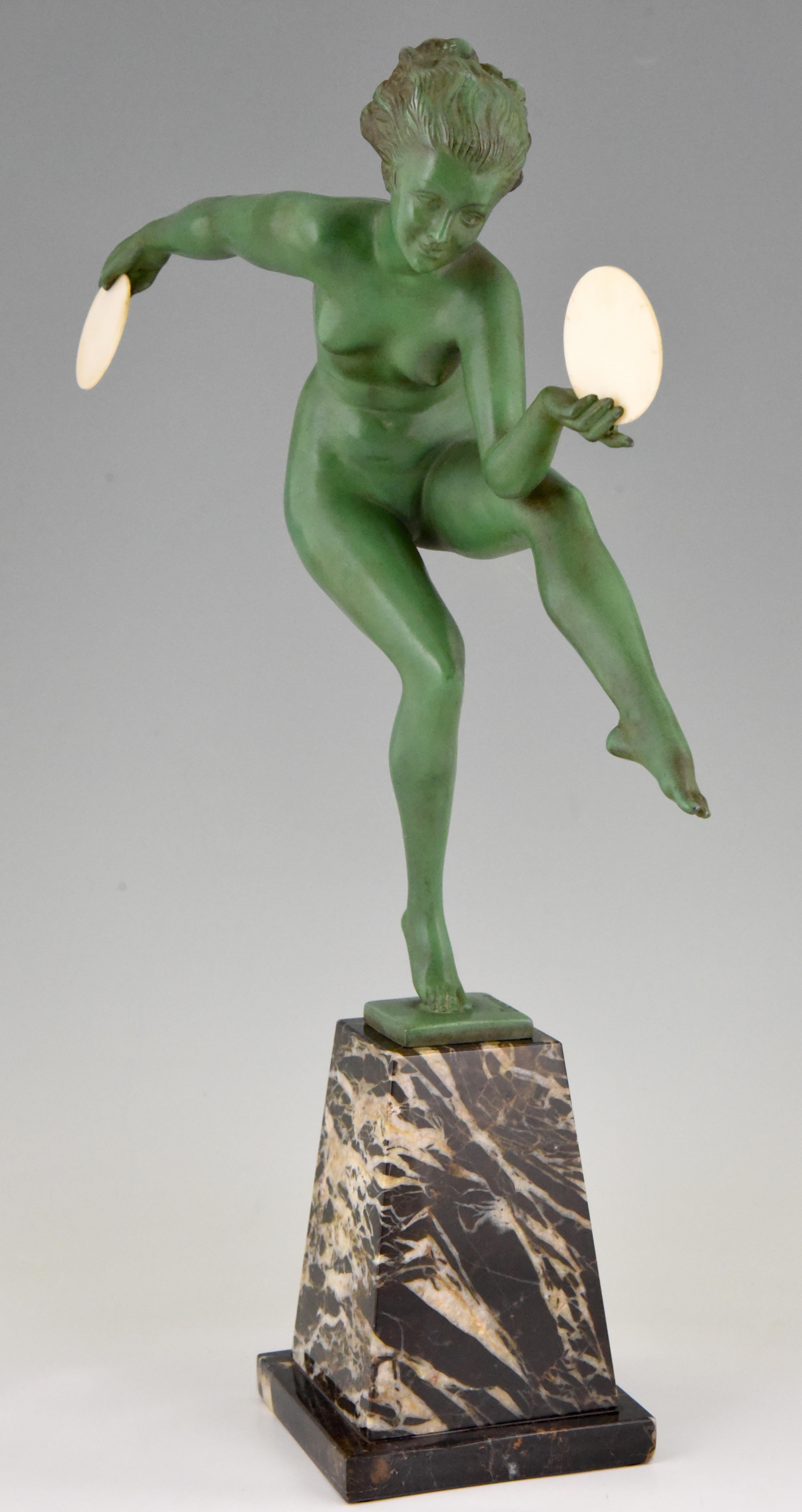 French Art Deco Sculpture Nude Disc Dancer Derenne, Marcel Bouraine, 1930