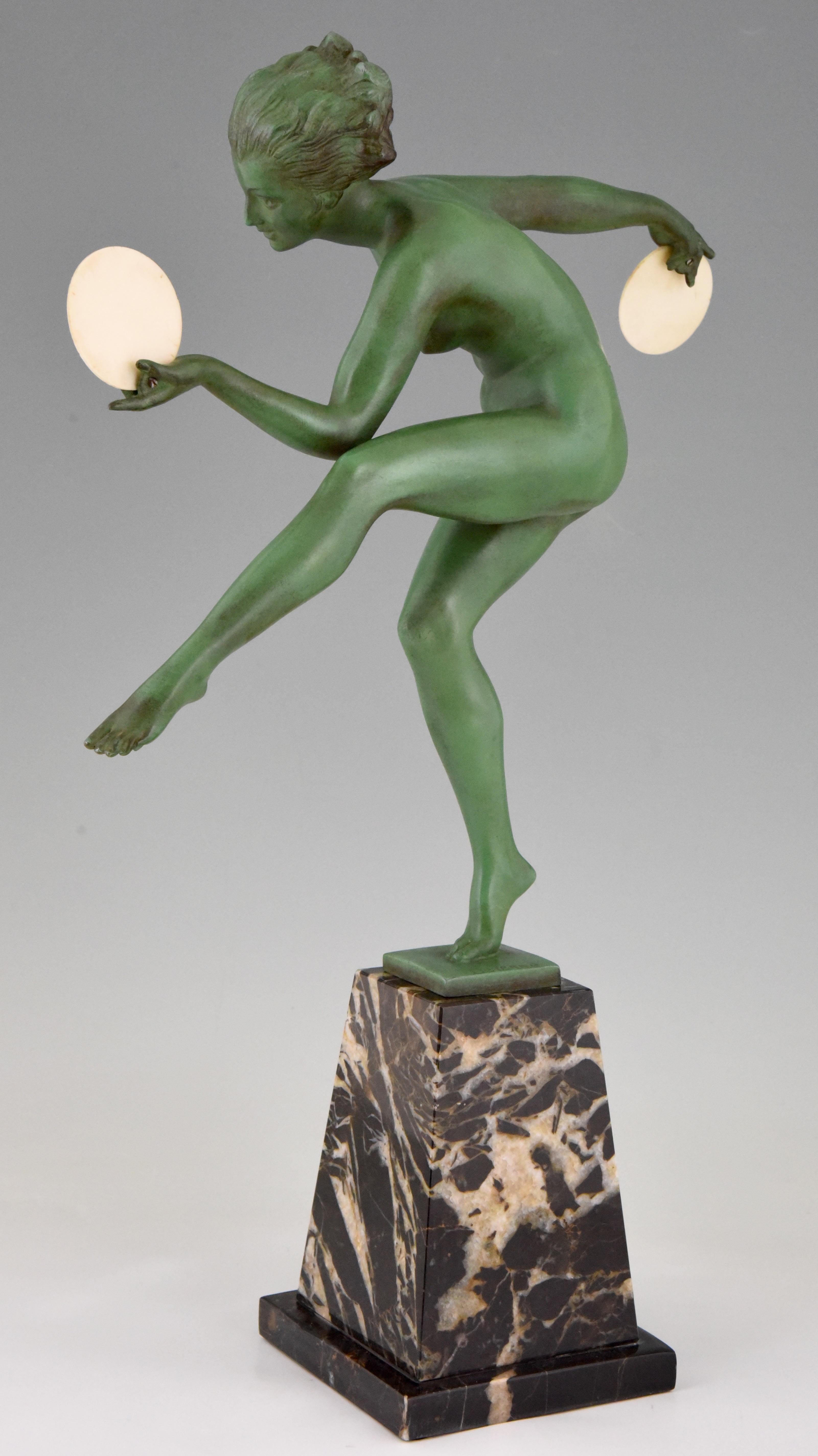 Patinated Art Deco Sculpture Nude Disc Dancer Derenne, Marcel Bouraine, 1930
