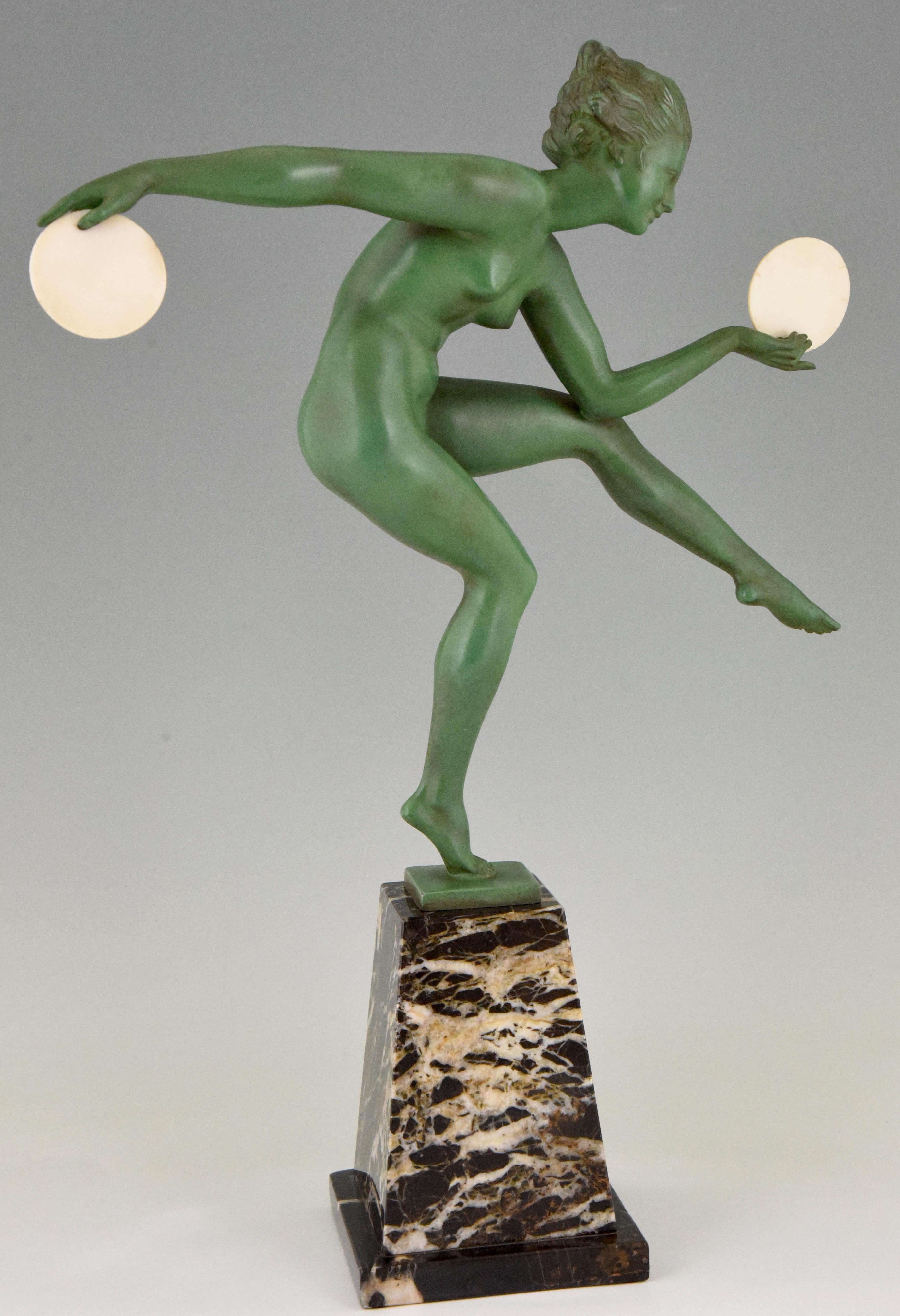 Metal Art Deco Sculpture Nude Disc Dancer Derenne, Marcel Bouraine, 1930
