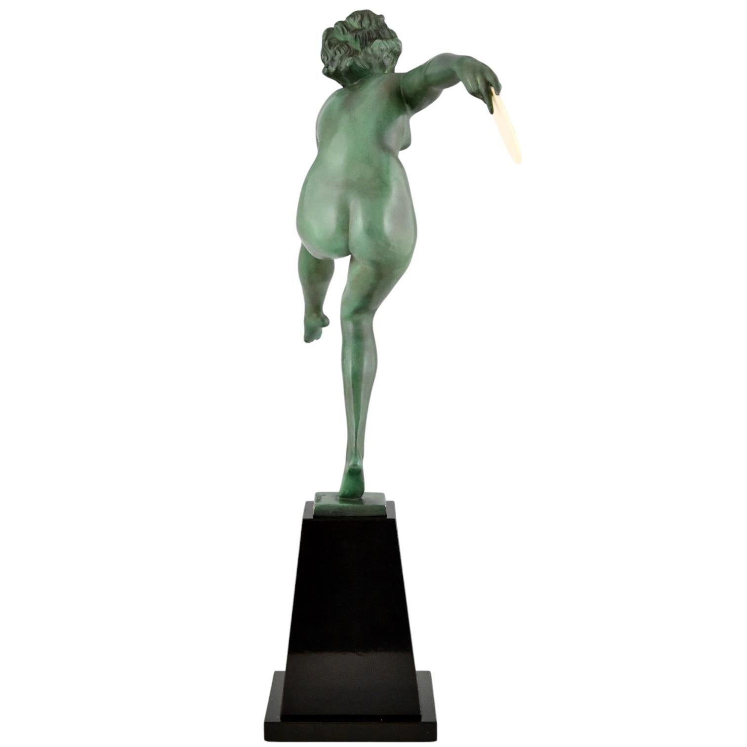 Mid-20th Century Art Deco Sculpture Nude Disc Dancer Derenne Marcel Bouraine danse Paienne 1930. For Sale