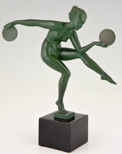 Art Deco Sculpture Nude Disc Dancer Derenne Marcel Bouraine France 1930