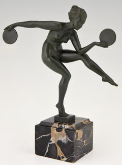 Art Deco Sculpture Nude Disc Dancer Derenne Marcel Bouraine, France, 1930